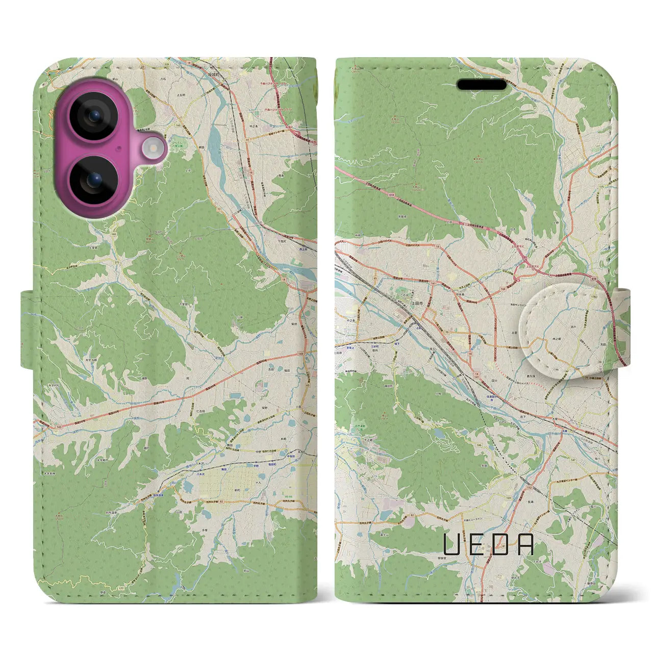 【上田(長野県)】地図柄iPhoneケース(手帳タイプ)ナチュラル・iPhone 16 Pro 用