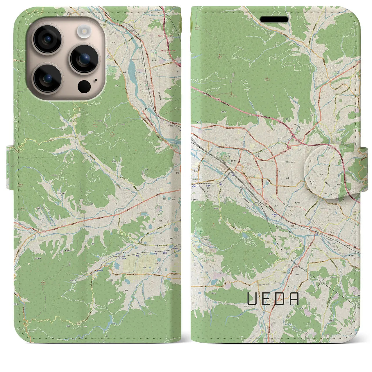 【上田(長野県)】地図柄iPhoneケース(手帳タイプ)ナチュラル・iPhone 16 Plus 用