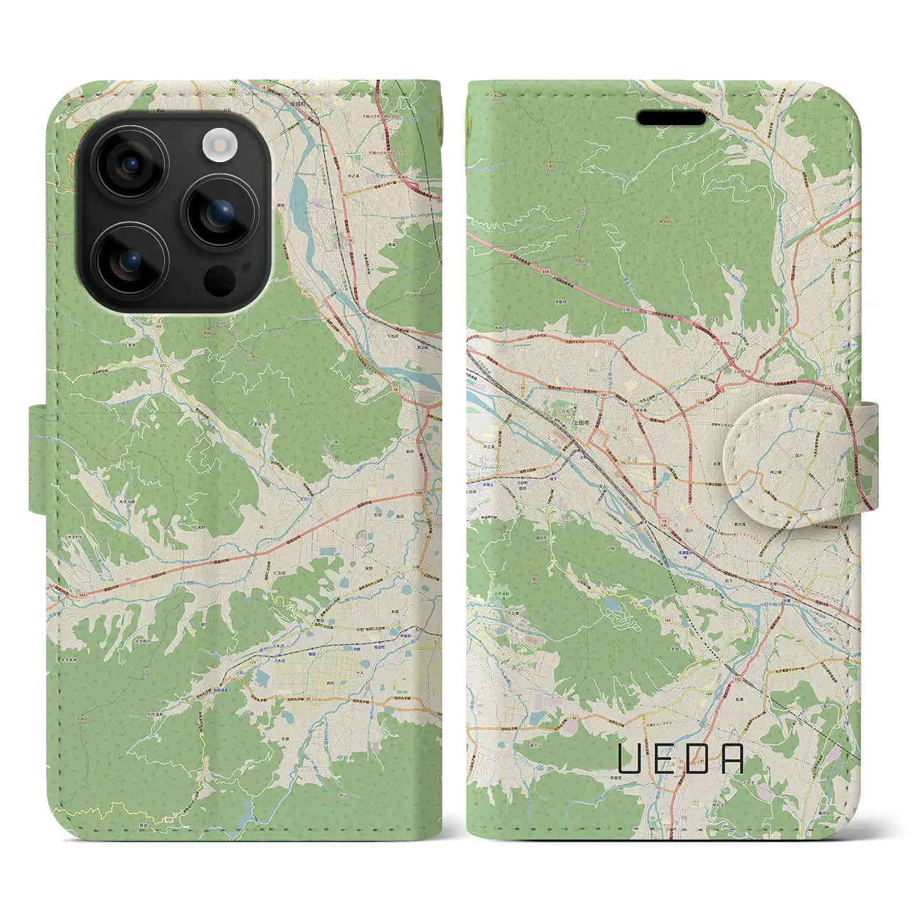 【上田(長野県)】地図柄iPhoneケース(手帳タイプ)ナチュラル・iPhone 16 用
