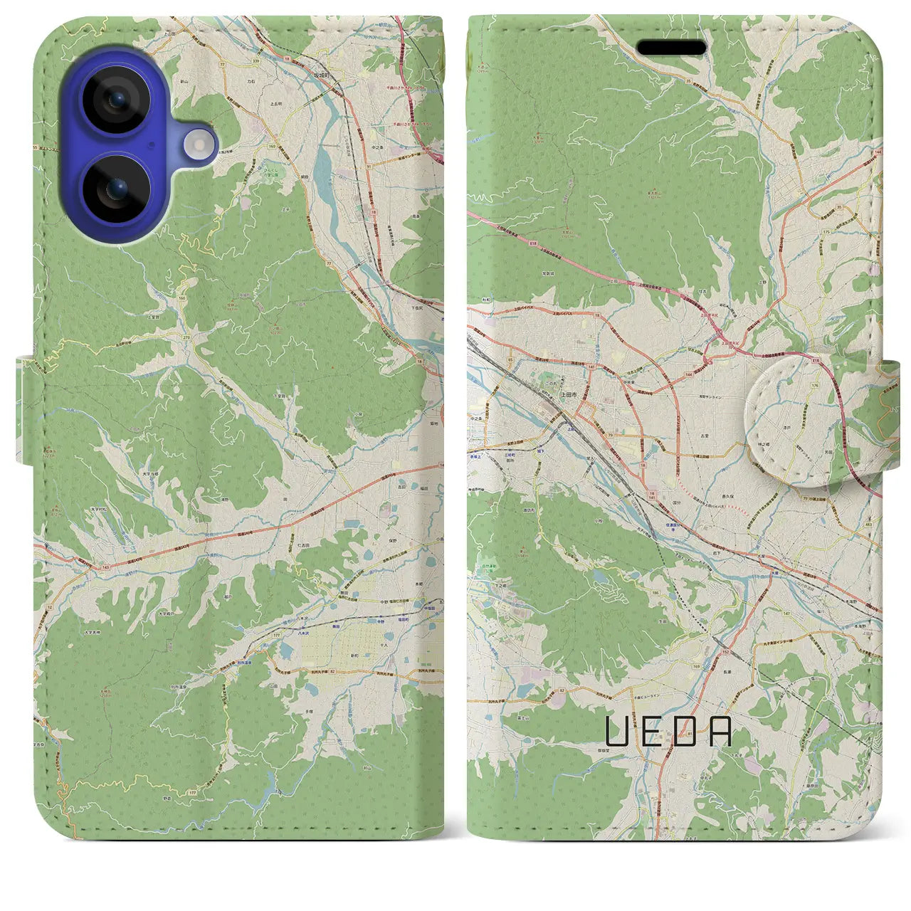 【上田(長野県)】地図柄iPhoneケース(手帳タイプ)ナチュラル・iPhone 16 Pro Max 用