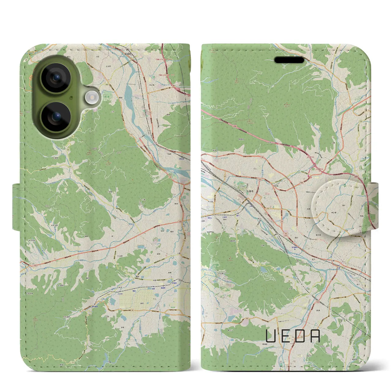 【上田(長野県)】地図柄iPhoneケース(手帳タイプ)ナチュラル・iPhone 17 Pro Max 用