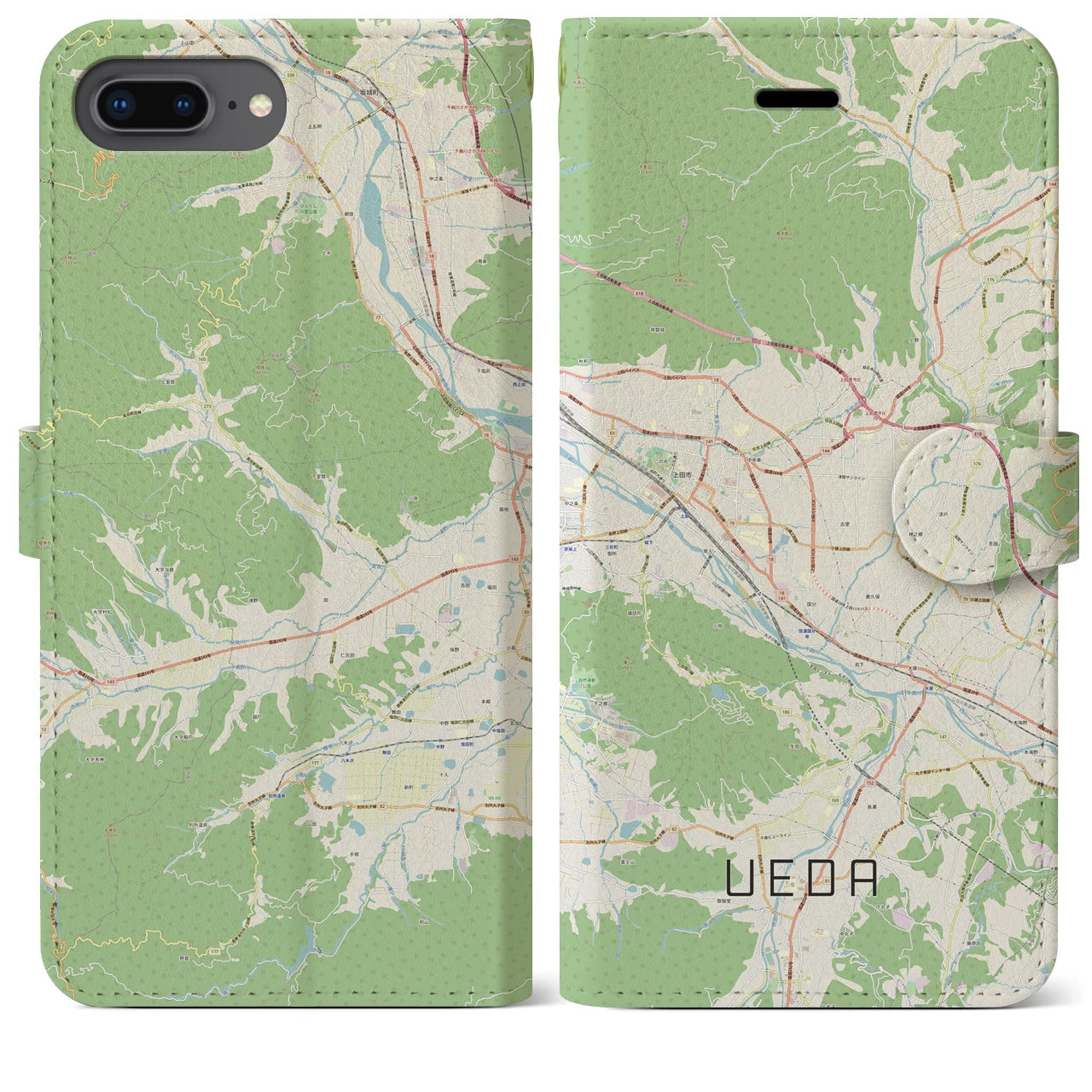 【上田(長野県)】地図柄iPhoneケース(手帳タイプ)ナチュラル・iPhone 8Plus /7Plus / 6sPlus / 6Plus 用