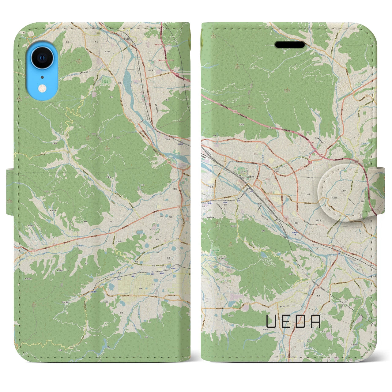 【上田(長野県)】地図柄iPhoneケース(手帳タイプ)ナチュラル・iPhone XR 用