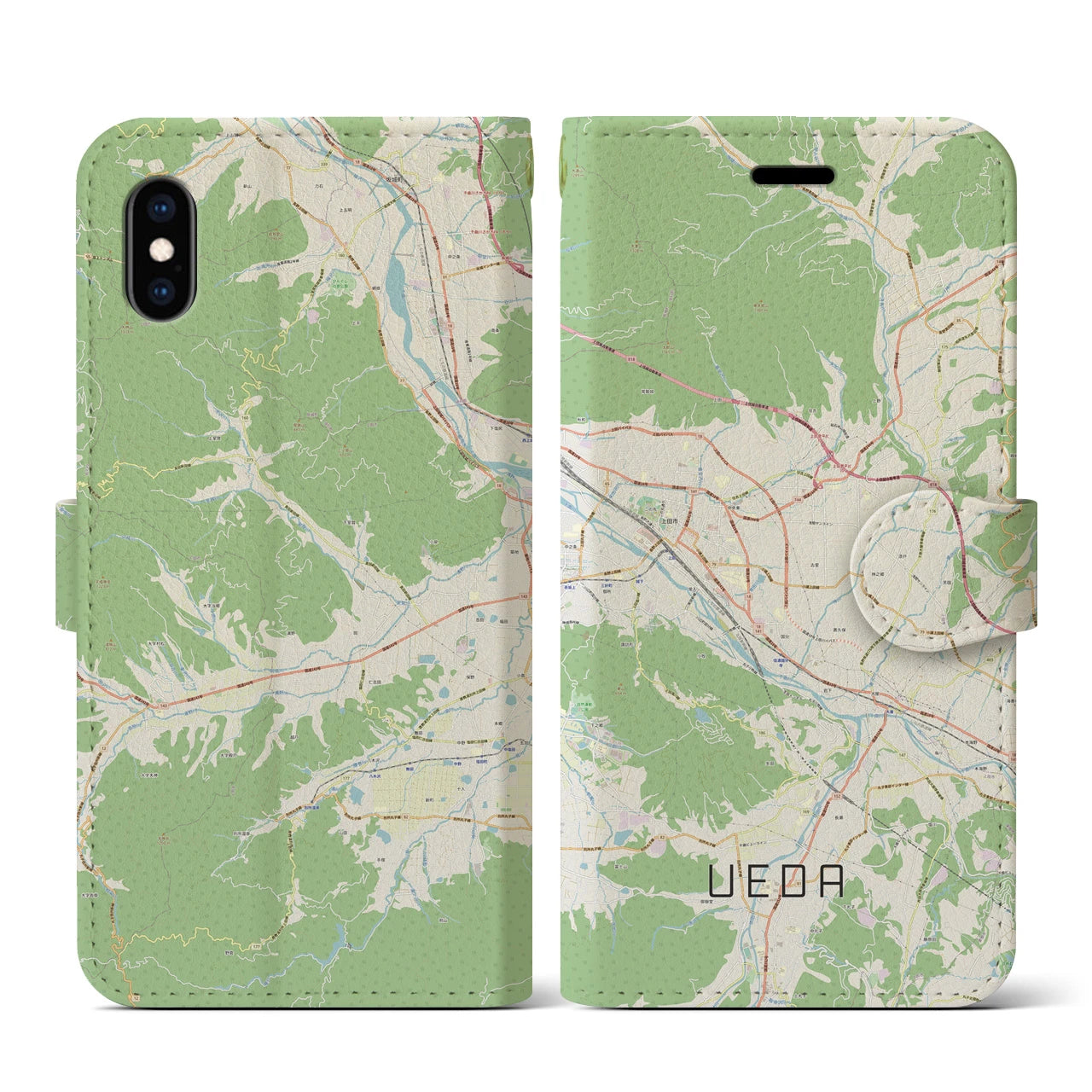 【上田(長野県)】地図柄iPhoneケース(手帳タイプ)ナチュラル・iPhone XS / X 用