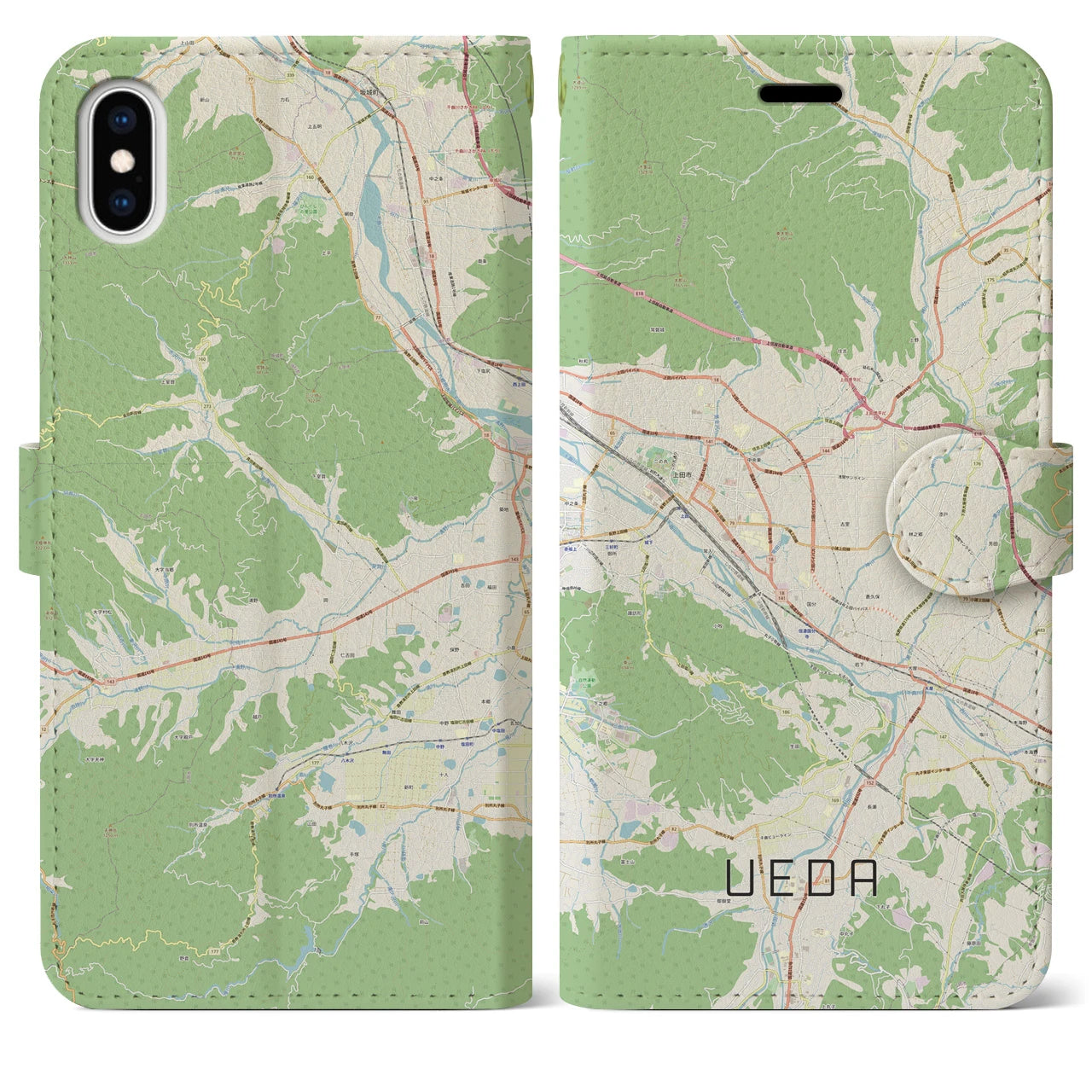 【上田(長野県)】地図柄iPhoneケース(手帳タイプ)ナチュラル・iPhone XS Max 用