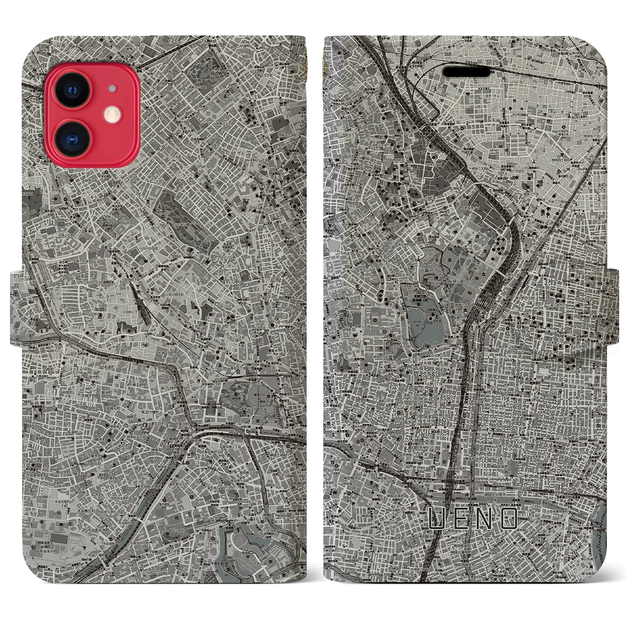 【上野(東京都)】地図柄iPhoneケース(手帳タイプ)モノトーン・iPhone 11 用