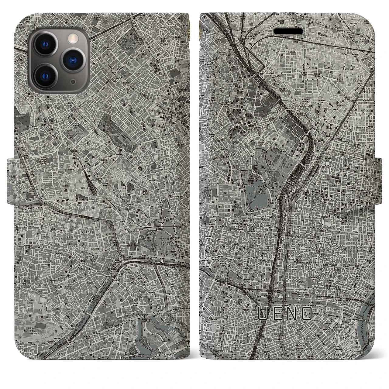 【上野(東京都)】地図柄iPhoneケース(手帳タイプ)モノトーン・iPhone 11 Pro Max 用
