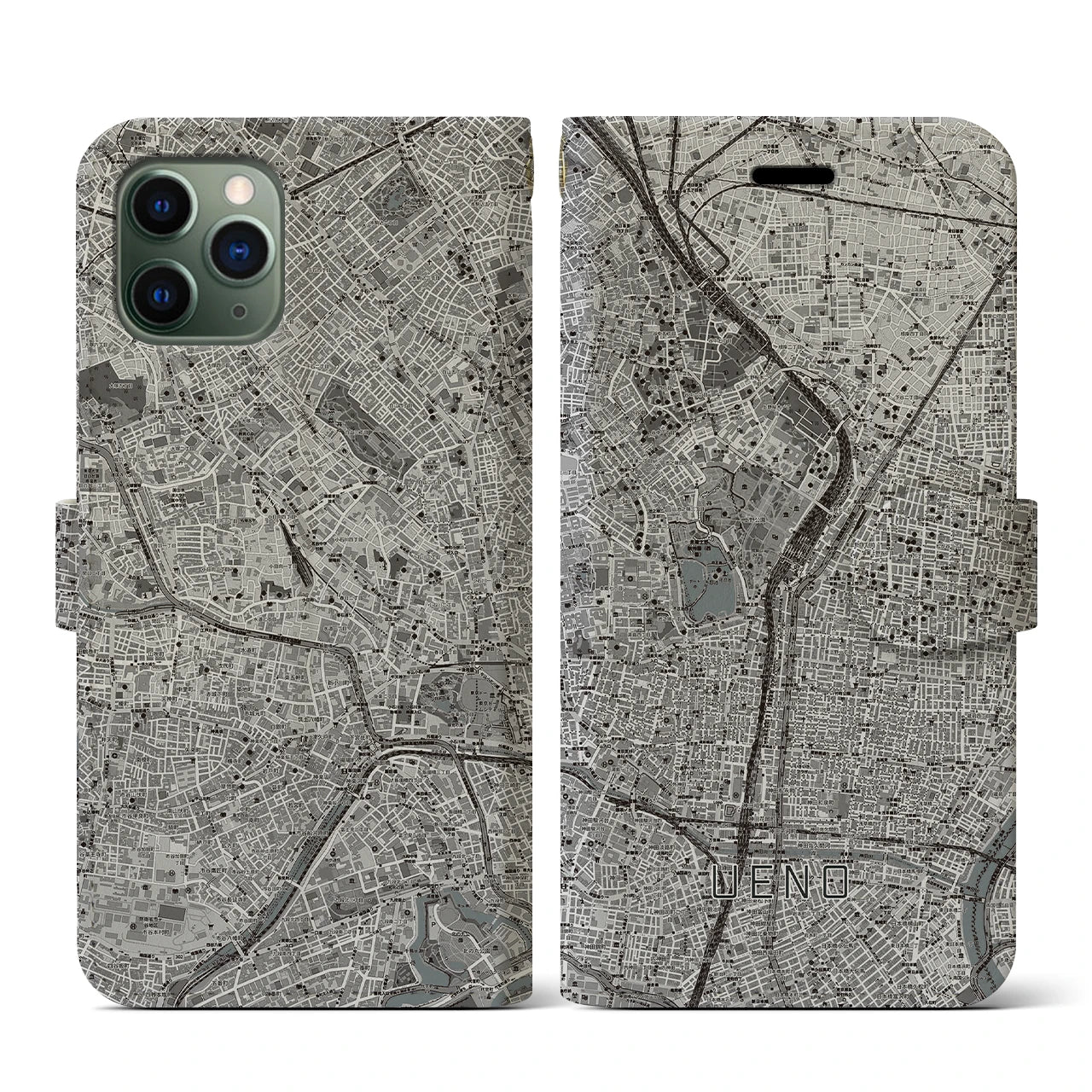 【上野(東京都)】地図柄iPhoneケース(手帳タイプ)モノトーン・iPhone 11 Pro 用