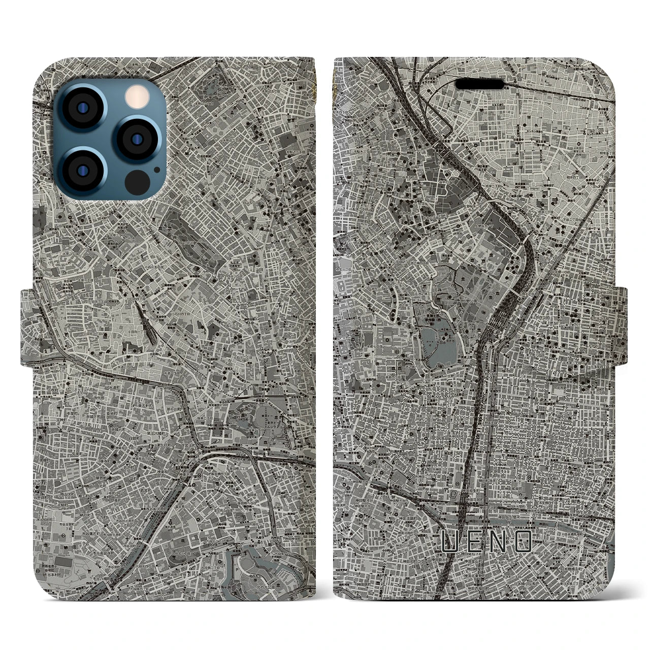 【上野(東京都)】地図柄iPhoneケース(手帳タイプ)モノトーン・iPhone 12 / 12 Pro 用