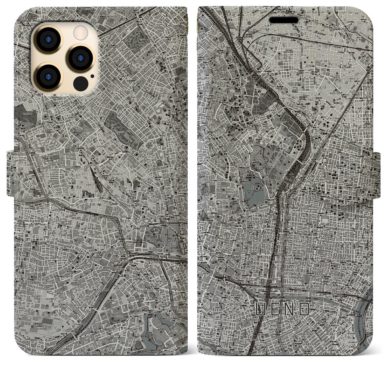 【上野(東京都)】地図柄iPhoneケース(手帳タイプ)モノトーン・iPhone 12 Pro Max 用