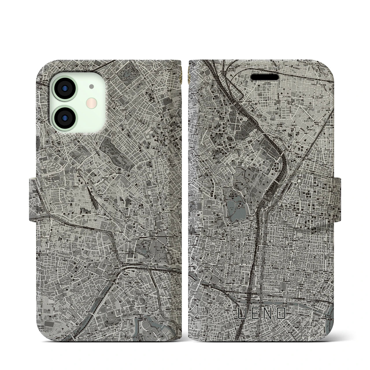 【上野(東京都)】地図柄iPhoneケース(手帳タイプ)モノトーン・iPhone 12 mini 用