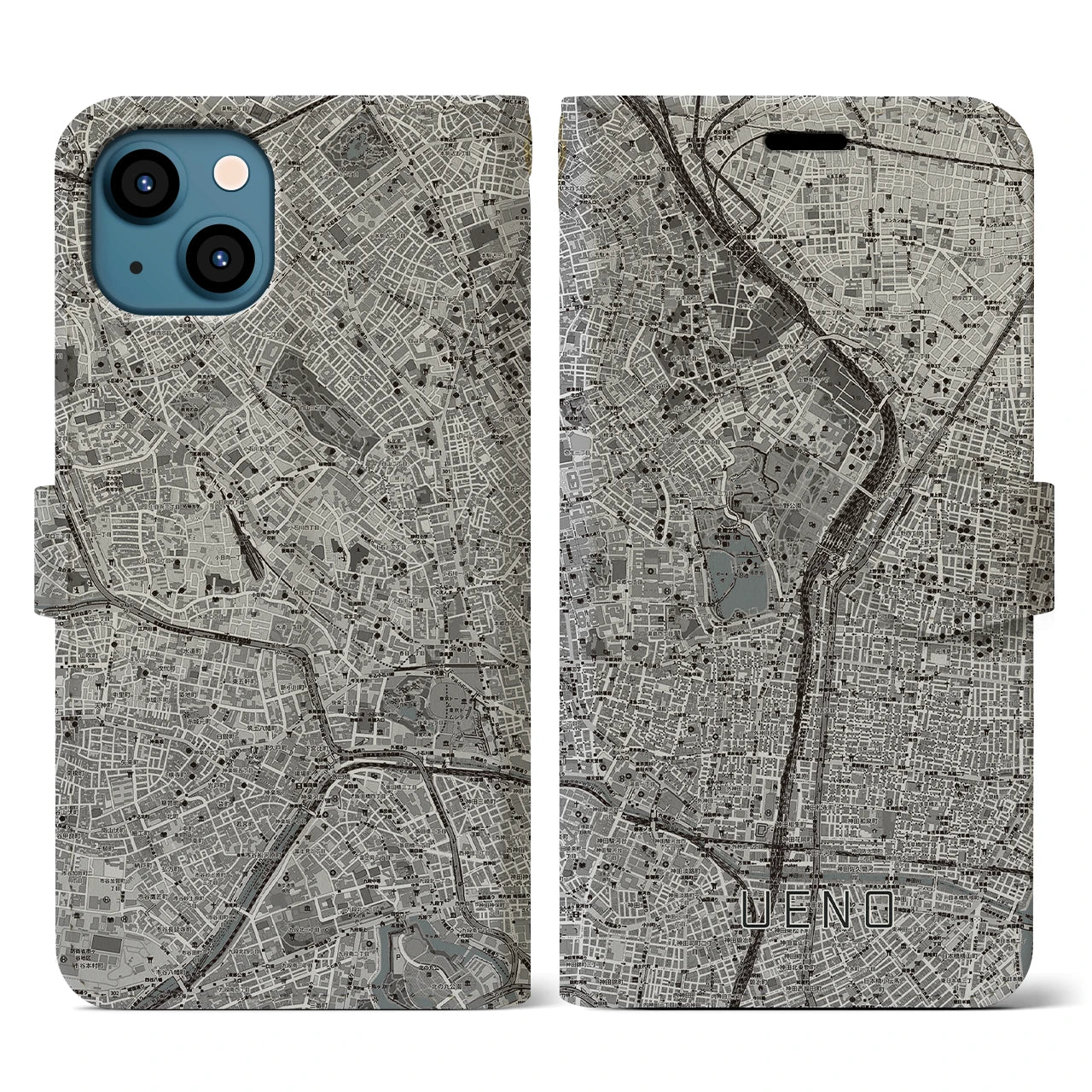 【上野(東京都)】地図柄iPhoneケース(手帳タイプ)モノトーン・iPhone 13 用