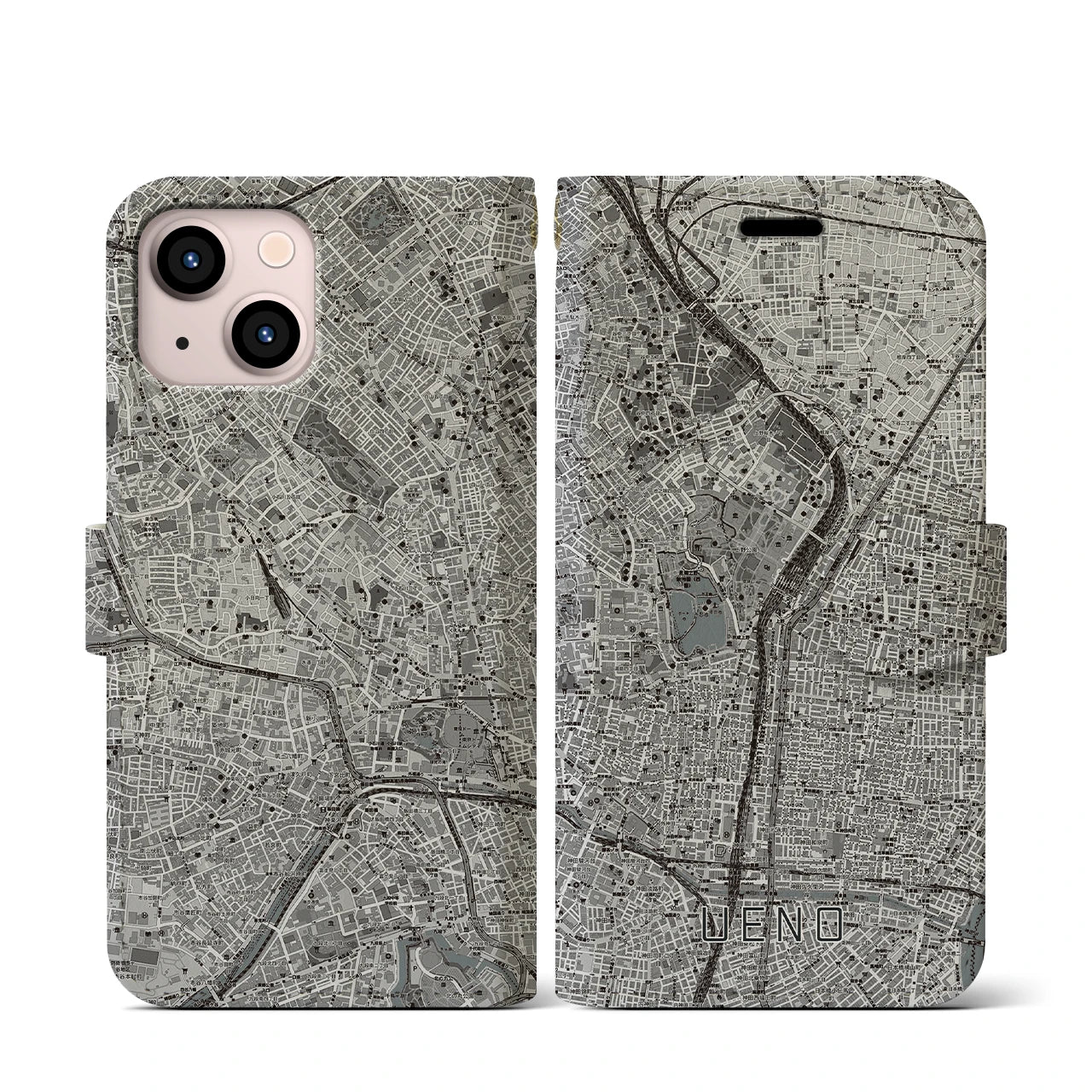 【上野(東京都)】地図柄iPhoneケース(手帳タイプ)モノトーン・iPhone 13 mini 用