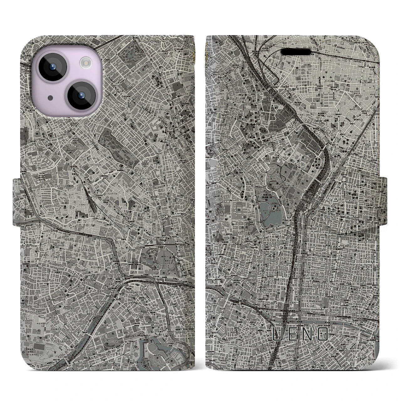 【上野(東京都)】地図柄iPhoneケース(手帳タイプ)モノトーン・iPhone 14 用