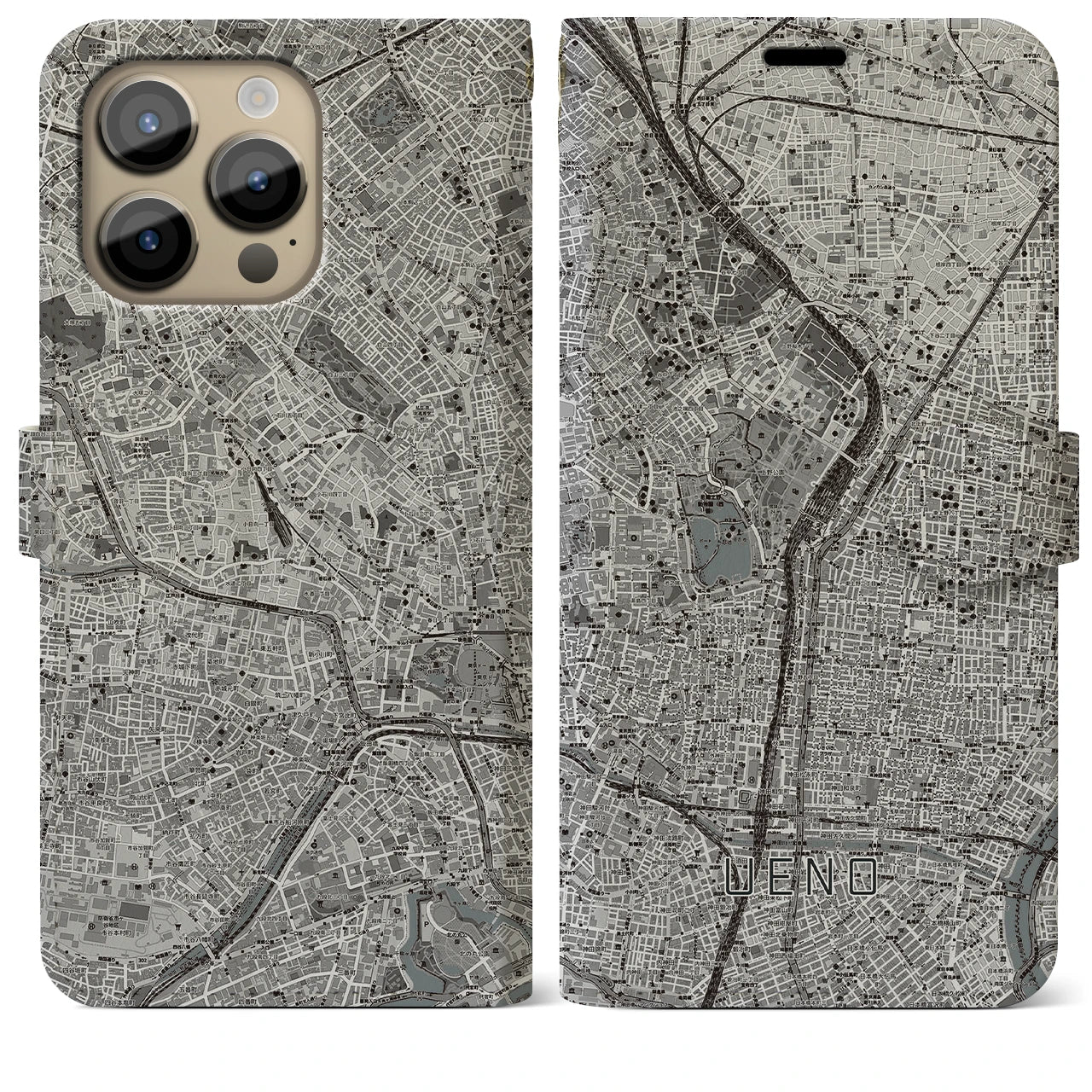 【上野(東京都)】地図柄iPhoneケース(手帳タイプ)モノトーン・iPhone 14 Pro Max 用