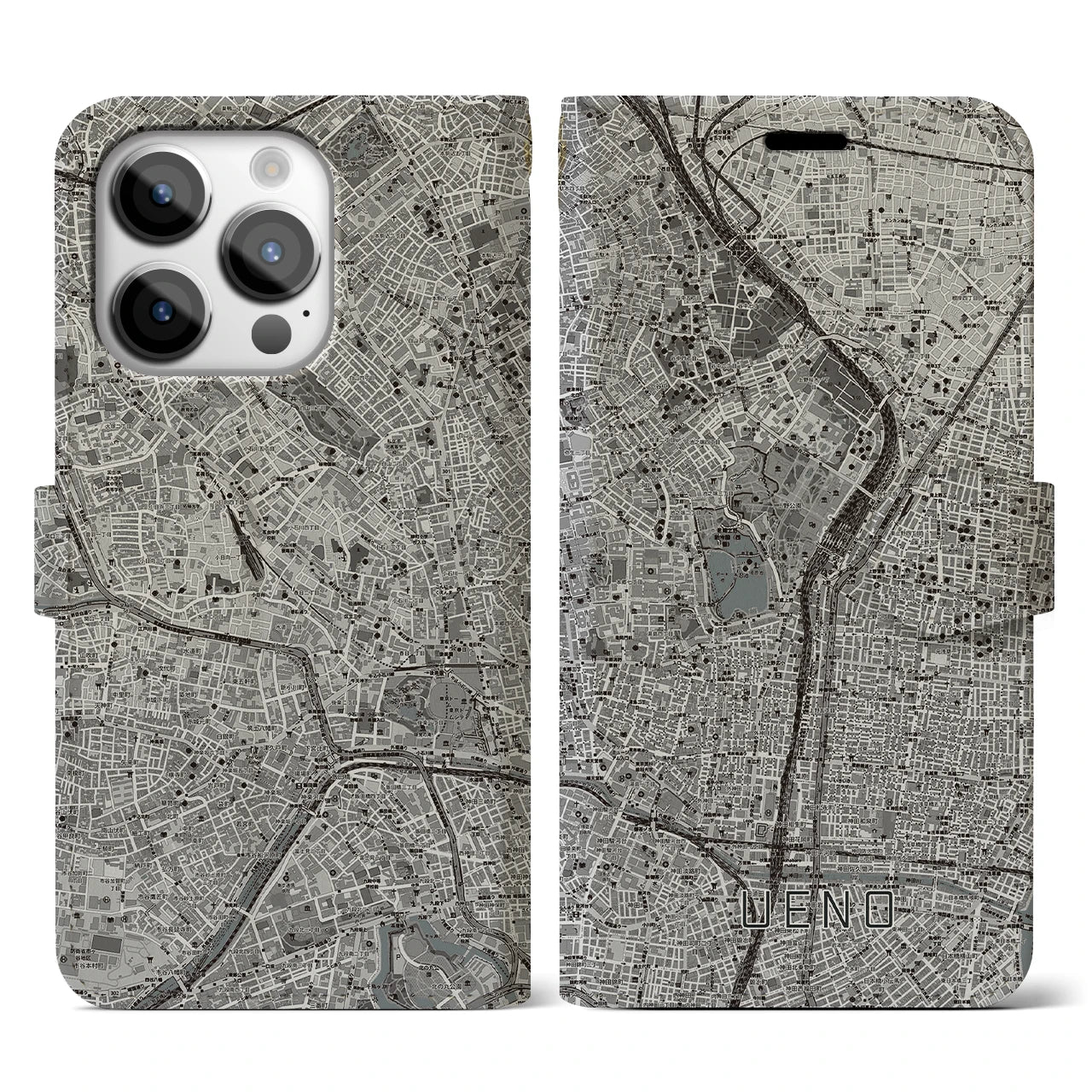 【上野(東京都)】地図柄iPhoneケース(手帳タイプ)モノトーン・iPhone 14 Pro 用