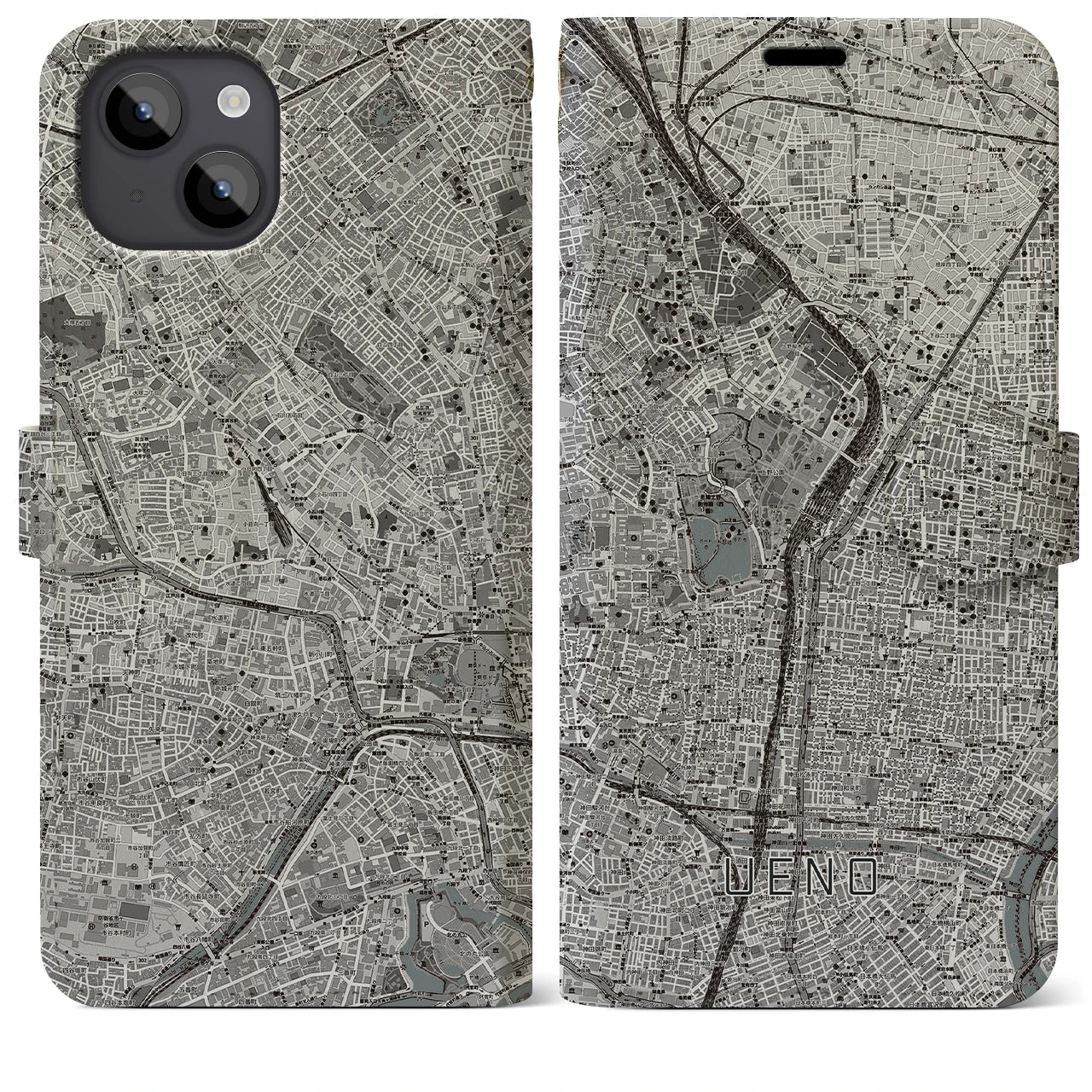 【上野(東京都)】地図柄iPhoneケース(手帳タイプ)モノトーン・iPhone 14 Plus 用