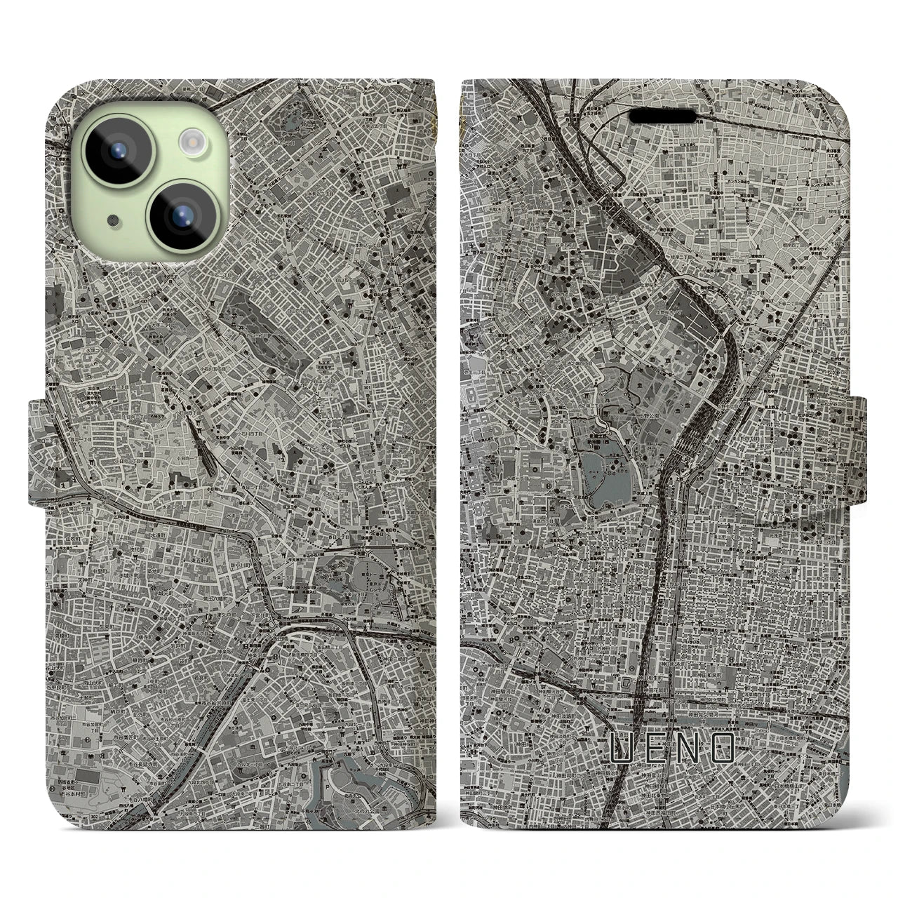 【上野(東京都)】地図柄iPhoneケース(手帳タイプ)モノトーン・iPhone 15 用