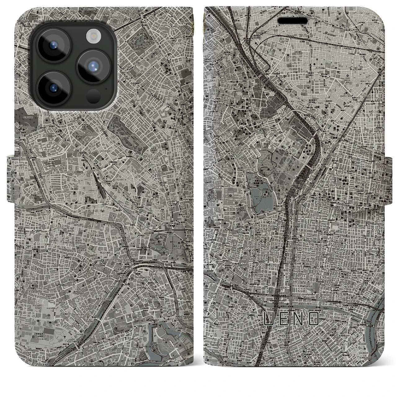 【上野(東京都)】地図柄iPhoneケース(手帳タイプ)モノトーン・iPhone 15 Pro Max 用