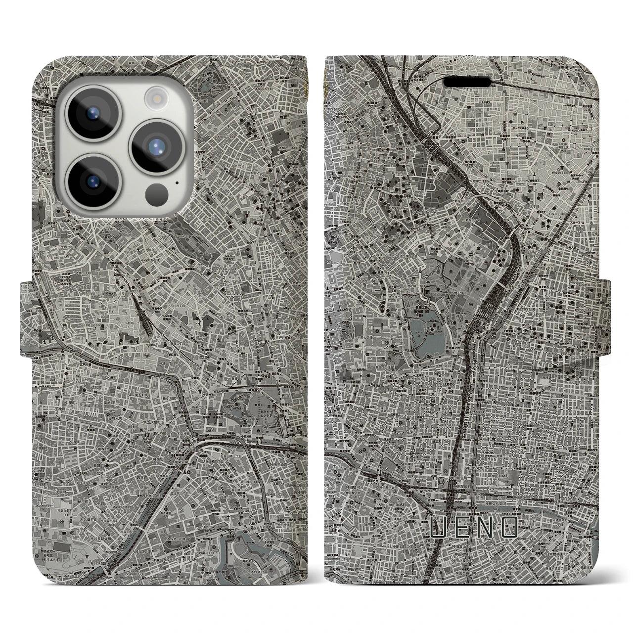 【上野(東京都)】地図柄iPhoneケース(手帳タイプ)モノトーン・iPhone 15 Pro 用