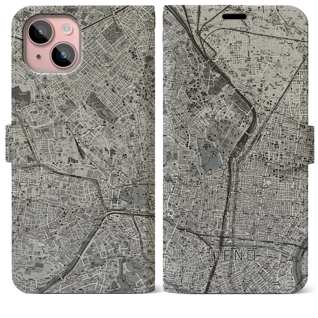 【上野(東京都)】地図柄iPhoneケース(手帳タイプ)モノトーン・iPhone 15 Plus 用