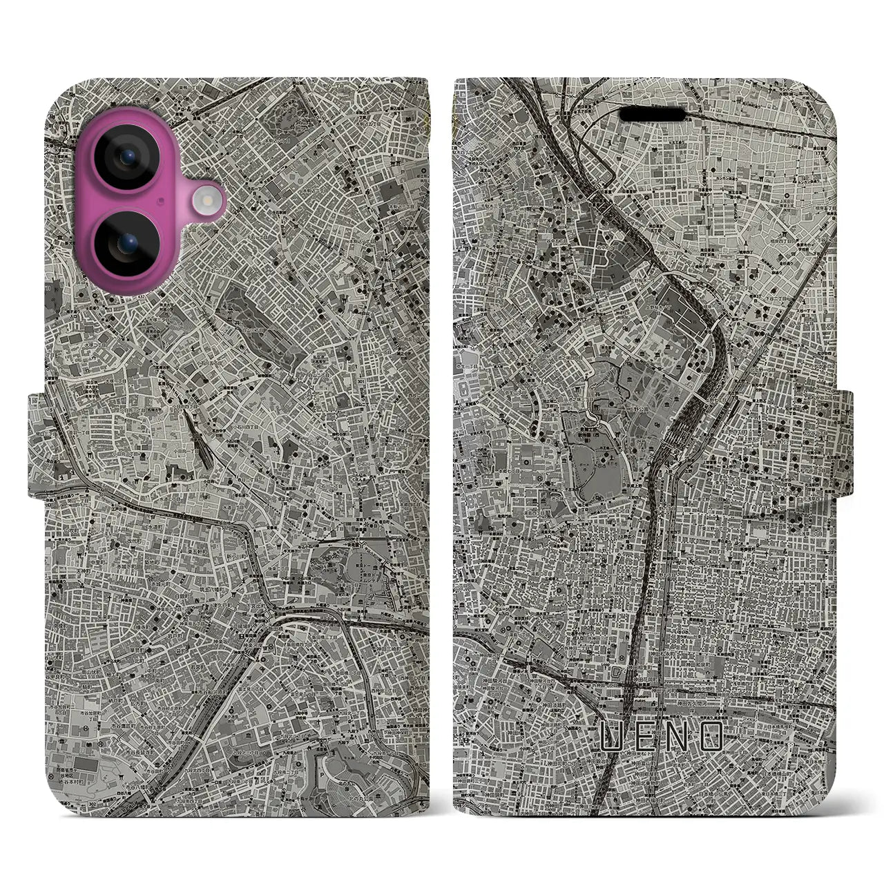 【上野(東京都)】地図柄iPhoneケース(手帳タイプ)モノトーン・iPhone 16 Pro 用