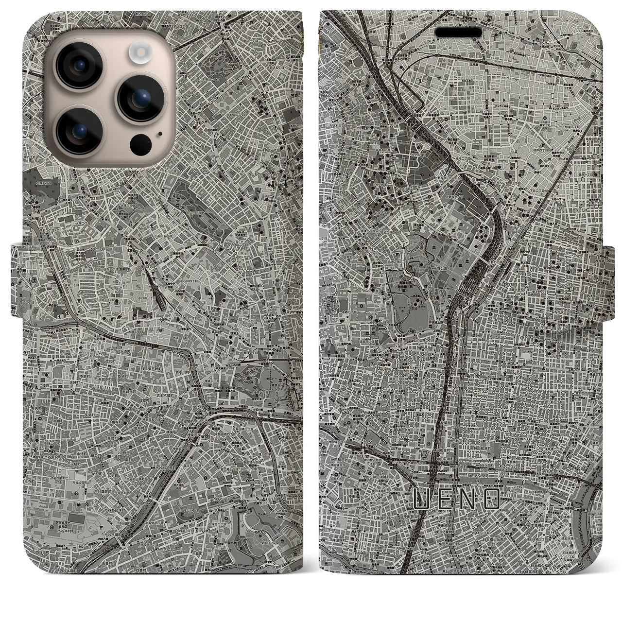 【上野(東京都)】地図柄iPhoneケース(手帳タイプ)モノトーン・iPhone 16 Plus 用