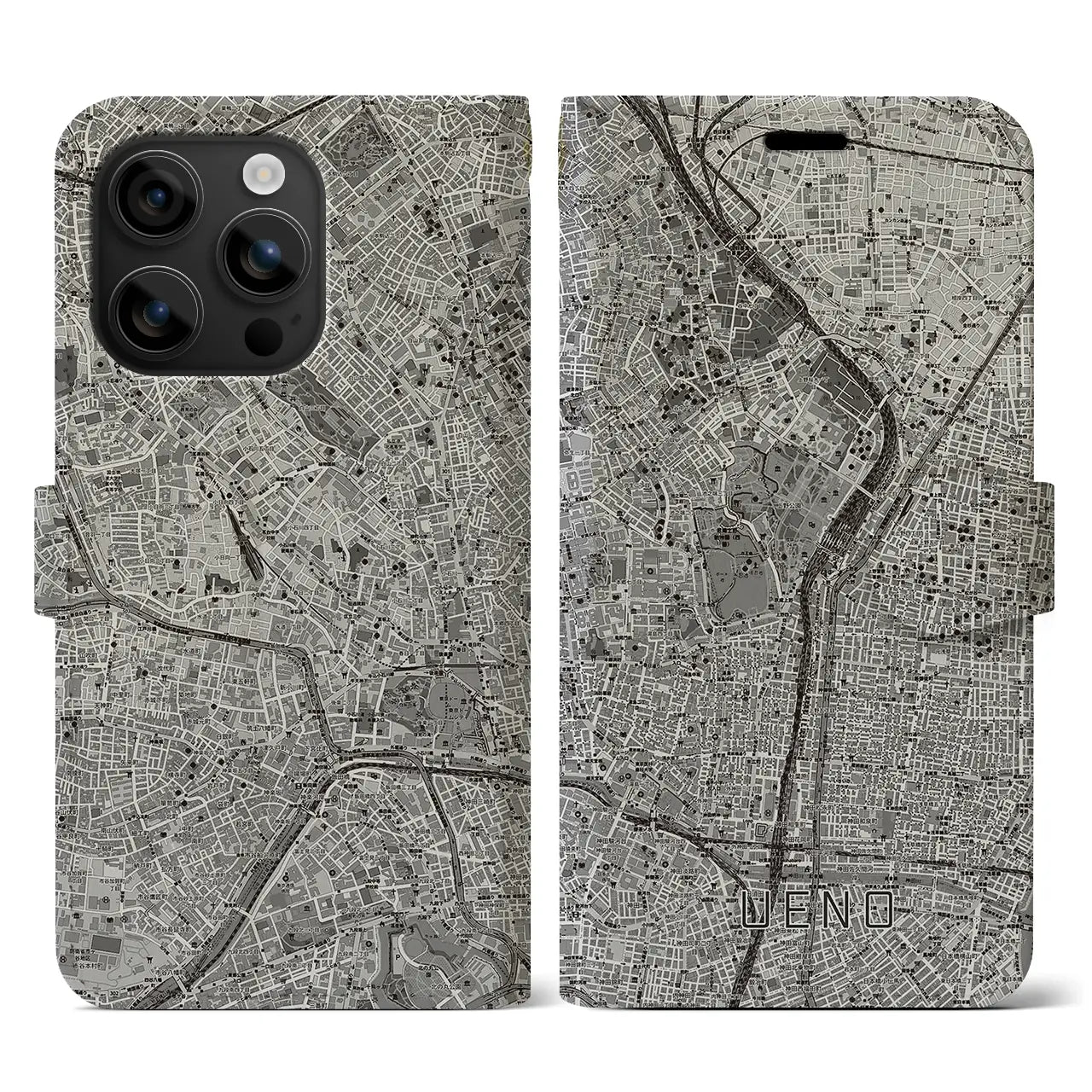 【上野(東京都)】地図柄iPhoneケース(手帳タイプ)モノトーン・iPhone 16 用