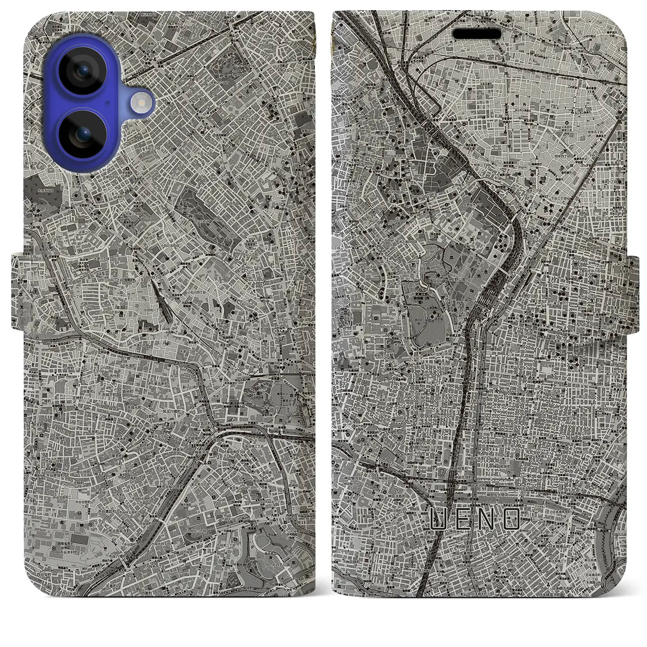 【上野(東京都)】地図柄iPhoneケース(手帳タイプ)モノトーン・iPhone 16 Pro Max 用