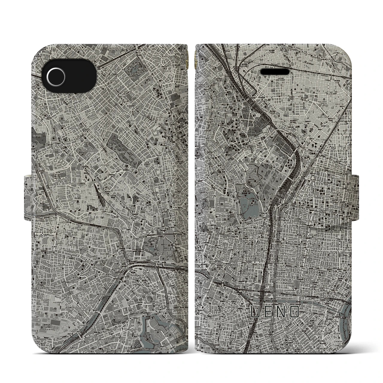 【上野(東京都)】地図柄iPhoneケース(手帳タイプ)モノトーン・iPhone SE(第3 / 第2世代) / 8 / 7 / 6s / 6 用