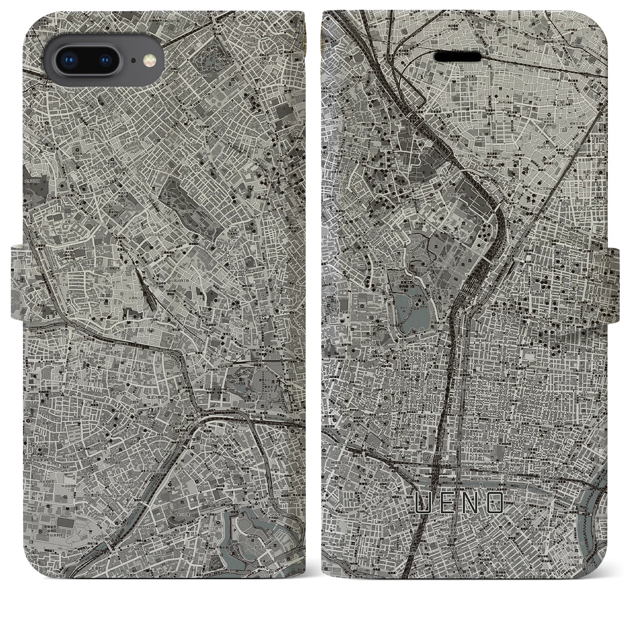 【上野(東京都)】地図柄iPhoneケース(手帳タイプ)モノトーン・iPhone 8Plus /7Plus / 6sPlus / 6Plus 用