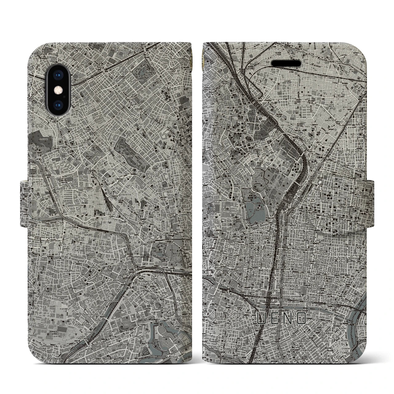 【上野(東京都)】地図柄iPhoneケース(手帳タイプ)モノトーン・iPhone XS / X 用