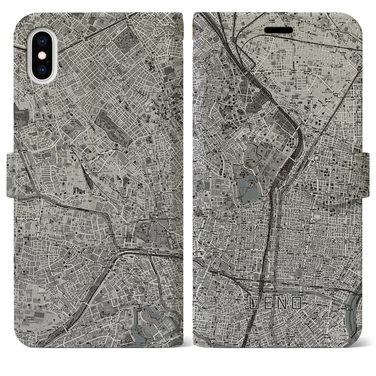 【上野(東京都)】地図柄iPhoneケース(手帳タイプ)モノトーン・iPhone XS Max 用