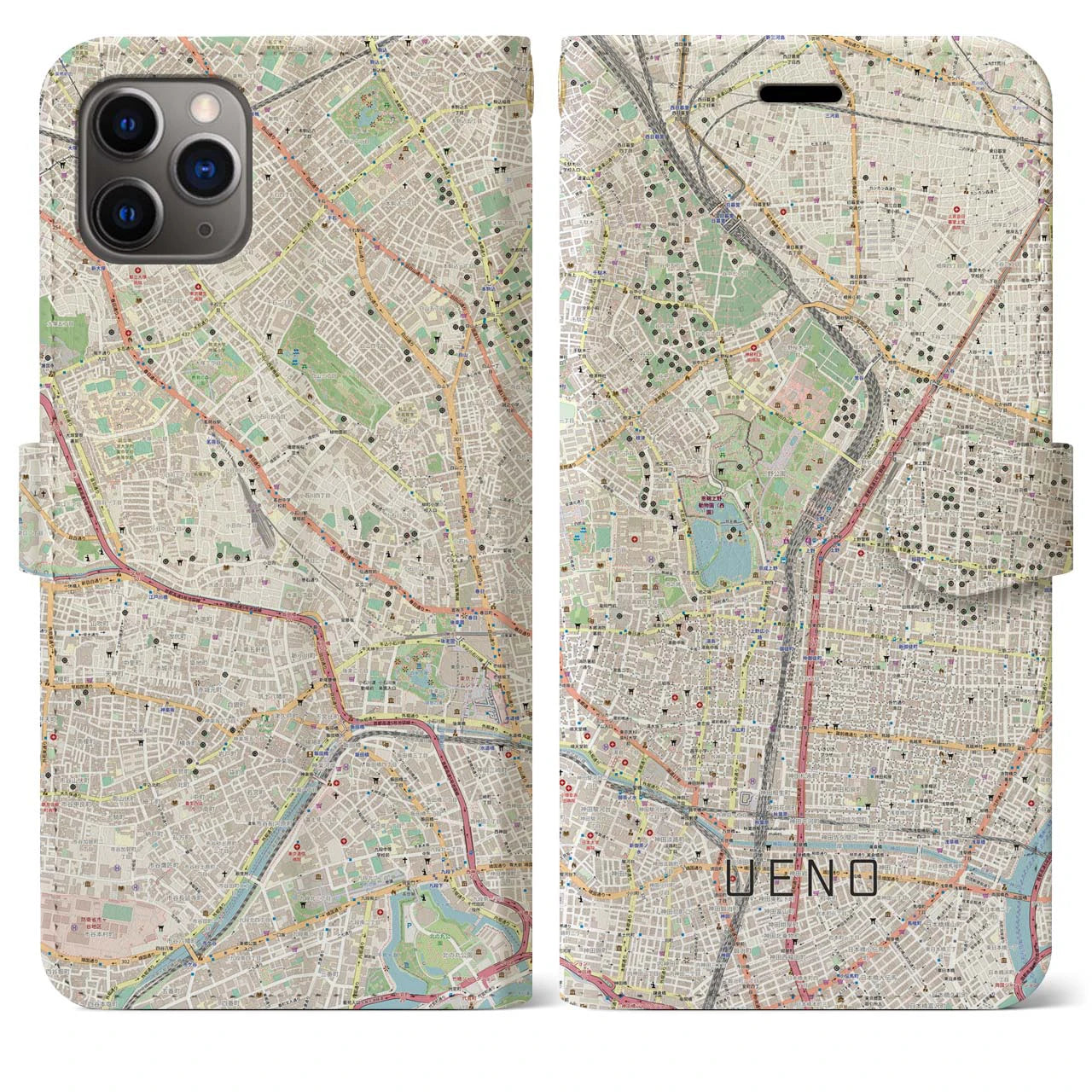 【上野(東京都)】地図柄iPhoneケース(手帳タイプ)ナチュラル・iPhone 11 Pro Max 用