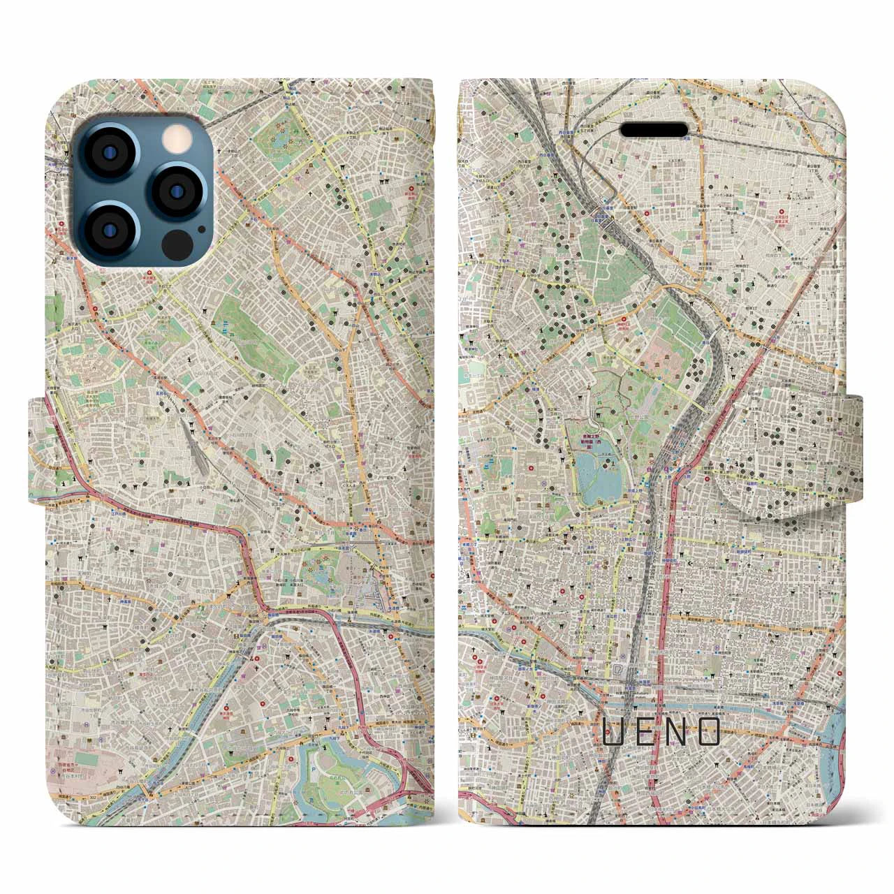 【上野(東京都)】地図柄iPhoneケース(手帳タイプ)ナチュラル・iPhone 12 / 12 Pro 用