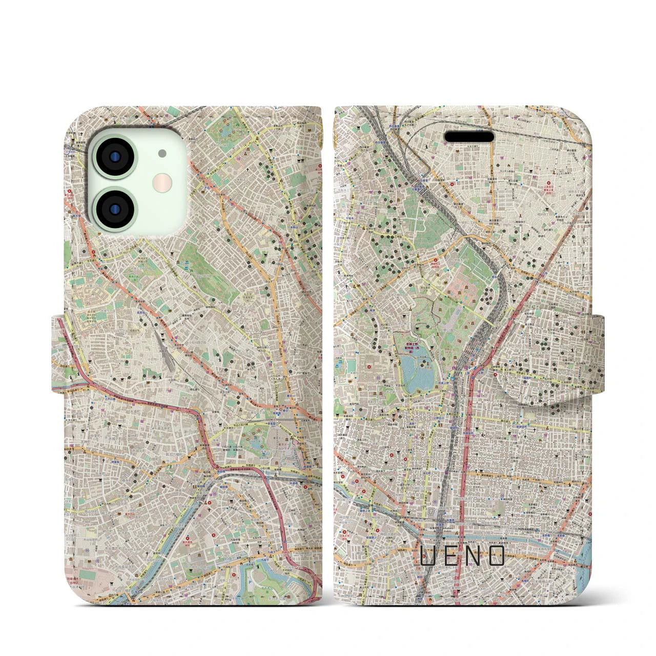 【上野(東京都)】地図柄iPhoneケース(手帳タイプ)ナチュラル・iPhone 12 mini 用