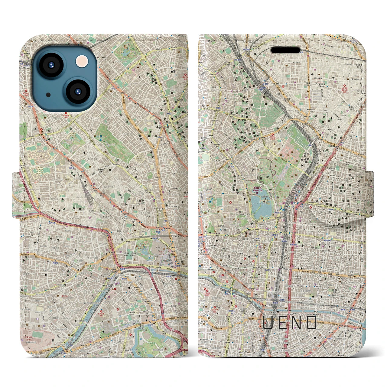 【上野(東京都)】地図柄iPhoneケース(手帳タイプ)ナチュラル・iPhone 13 Pro 用