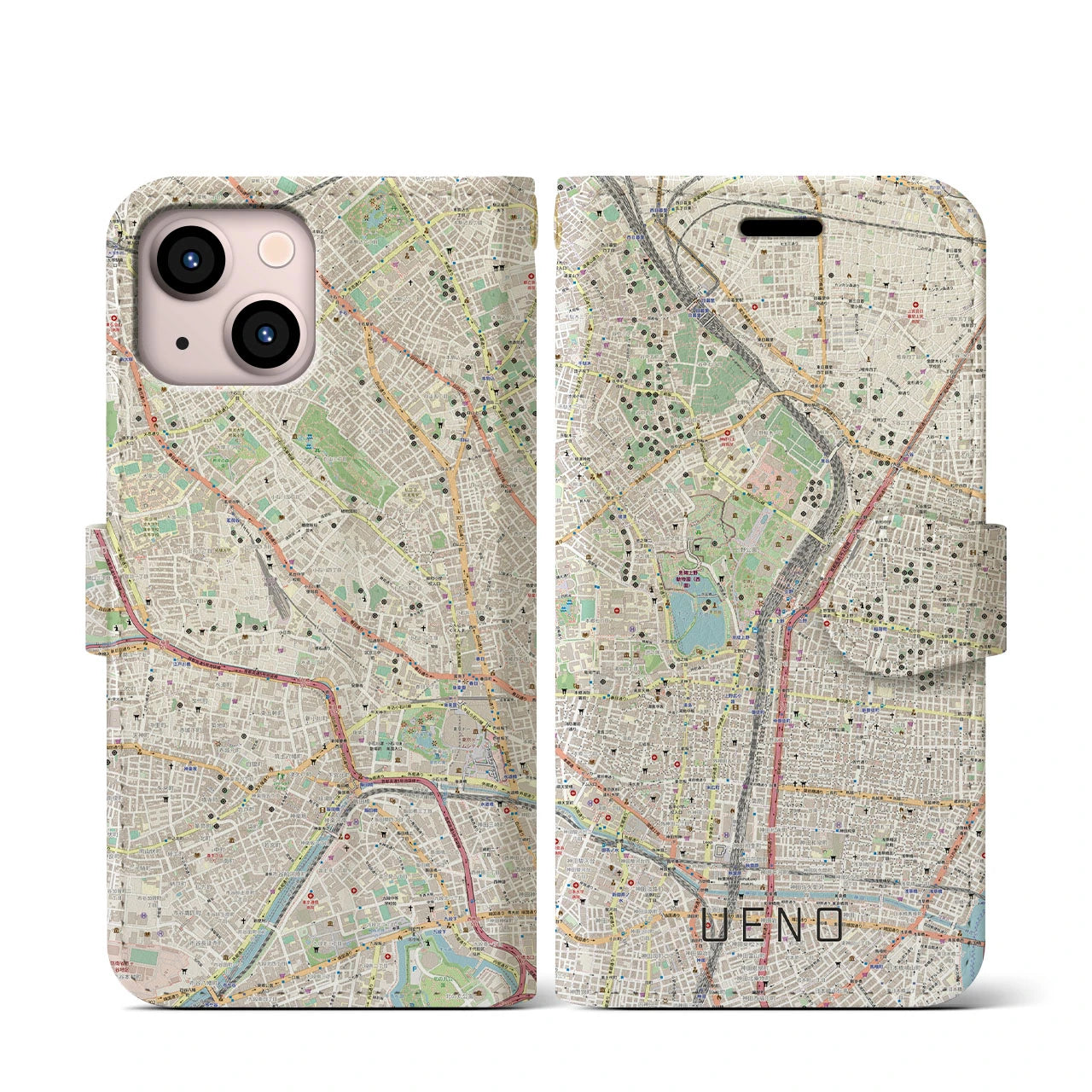 【上野(東京都)】地図柄iPhoneケース(手帳タイプ)ナチュラル・iPhone 13 mini 用