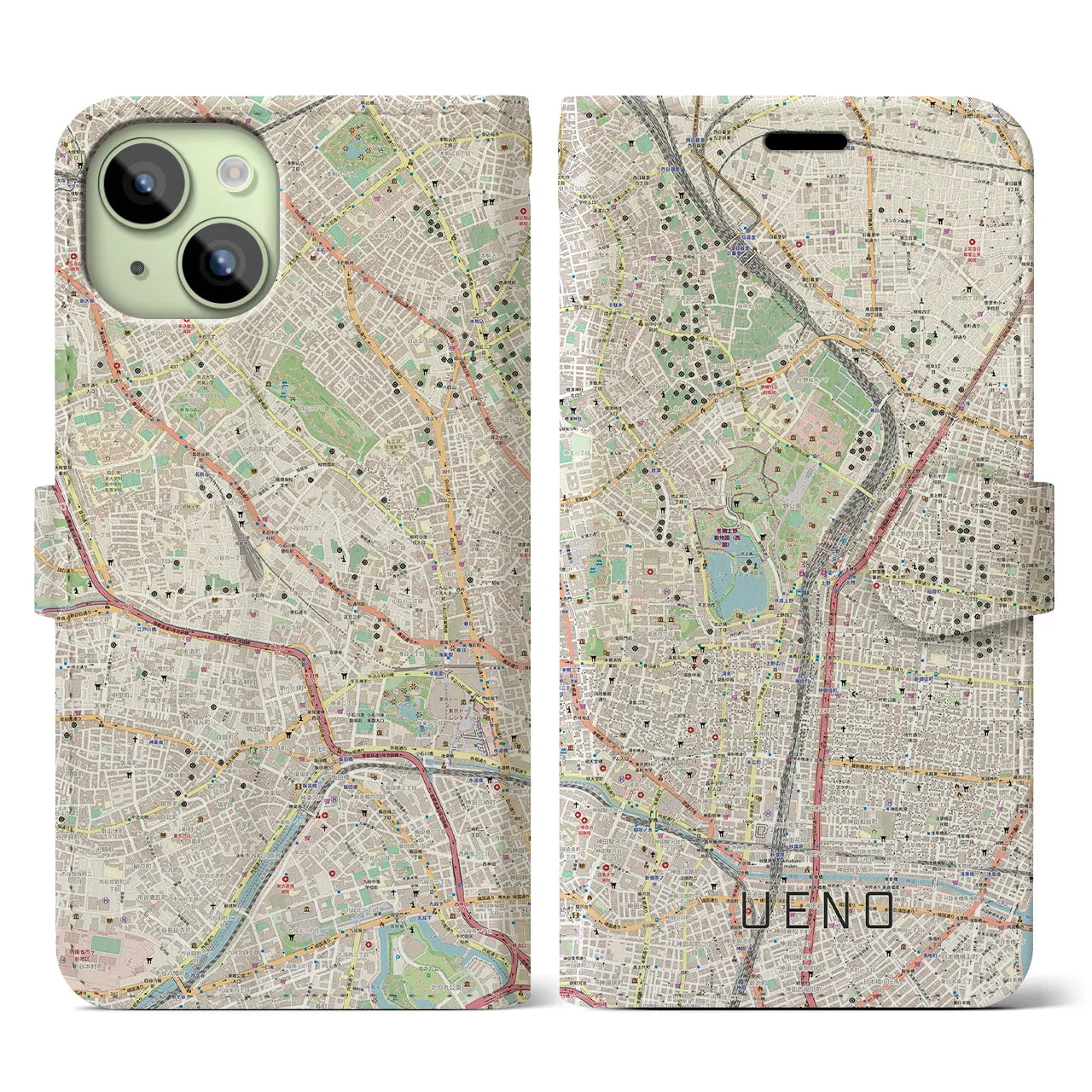 【上野(東京都)】地図柄iPhoneケース(手帳タイプ)ナチュラル・iPhone 15 用