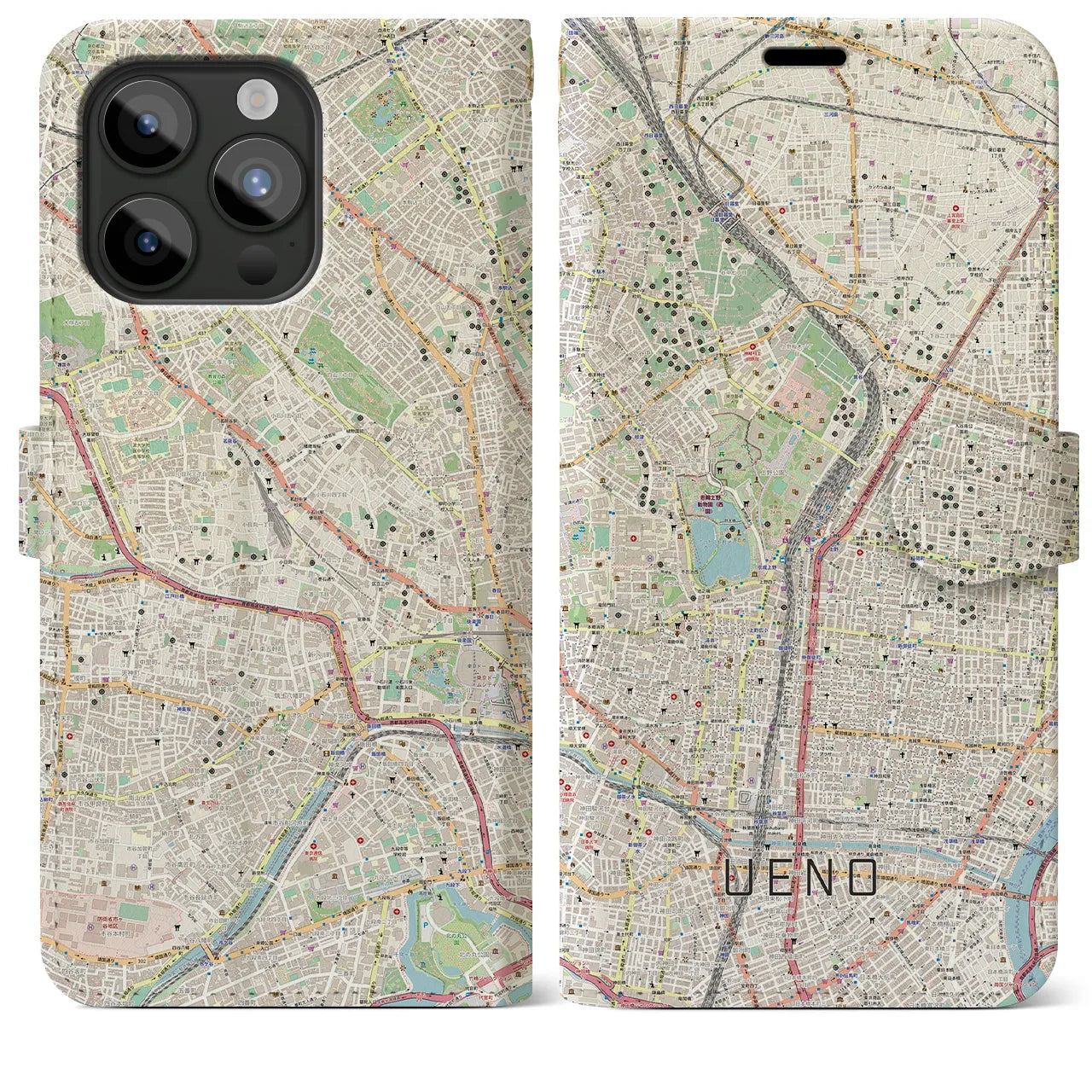 【上野(東京都)】地図柄iPhoneケース(手帳タイプ)ナチュラル・iPhone 15 Pro Max 用