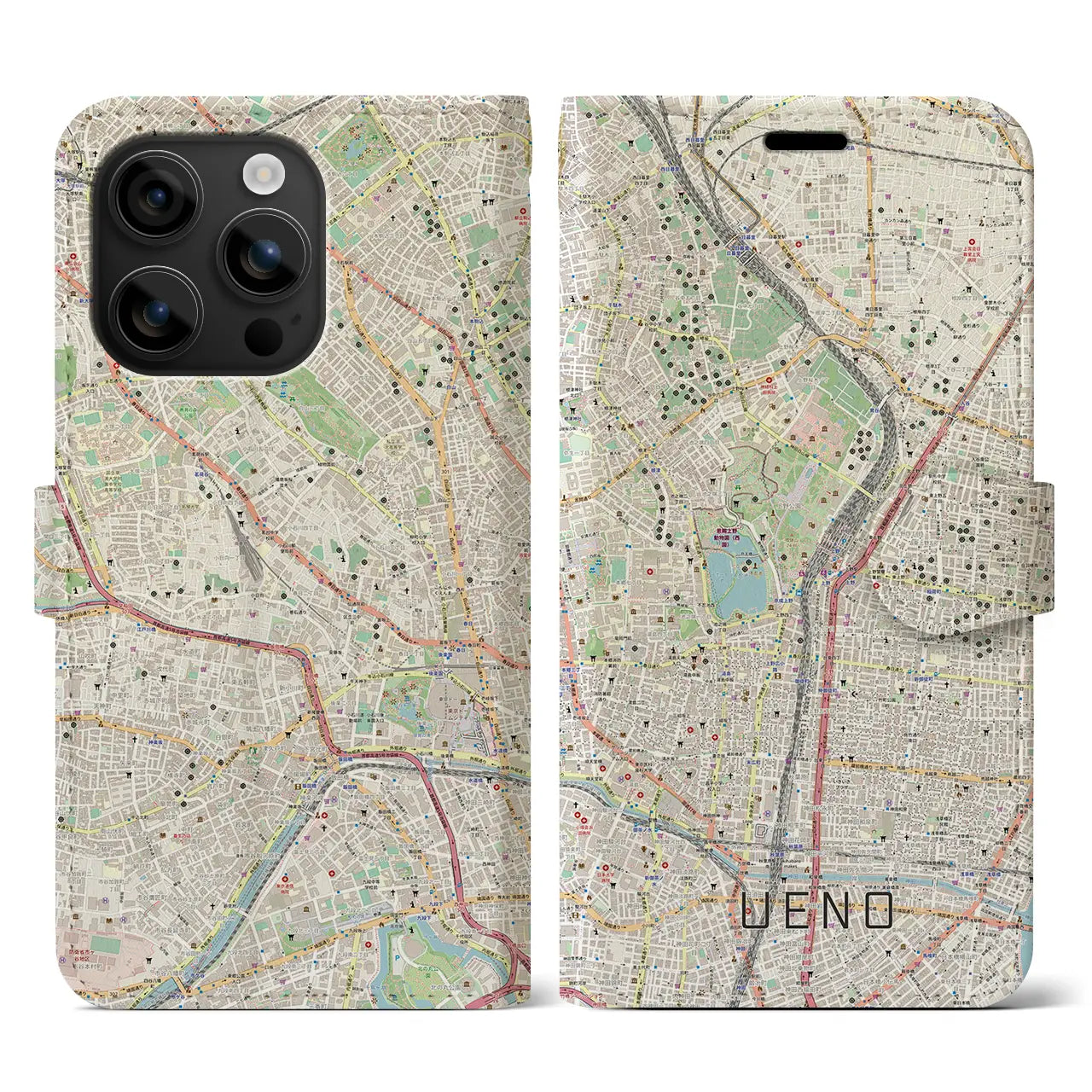 【上野(東京都)】地図柄iPhoneケース(手帳タイプ)ナチュラル・iPhone 16 用