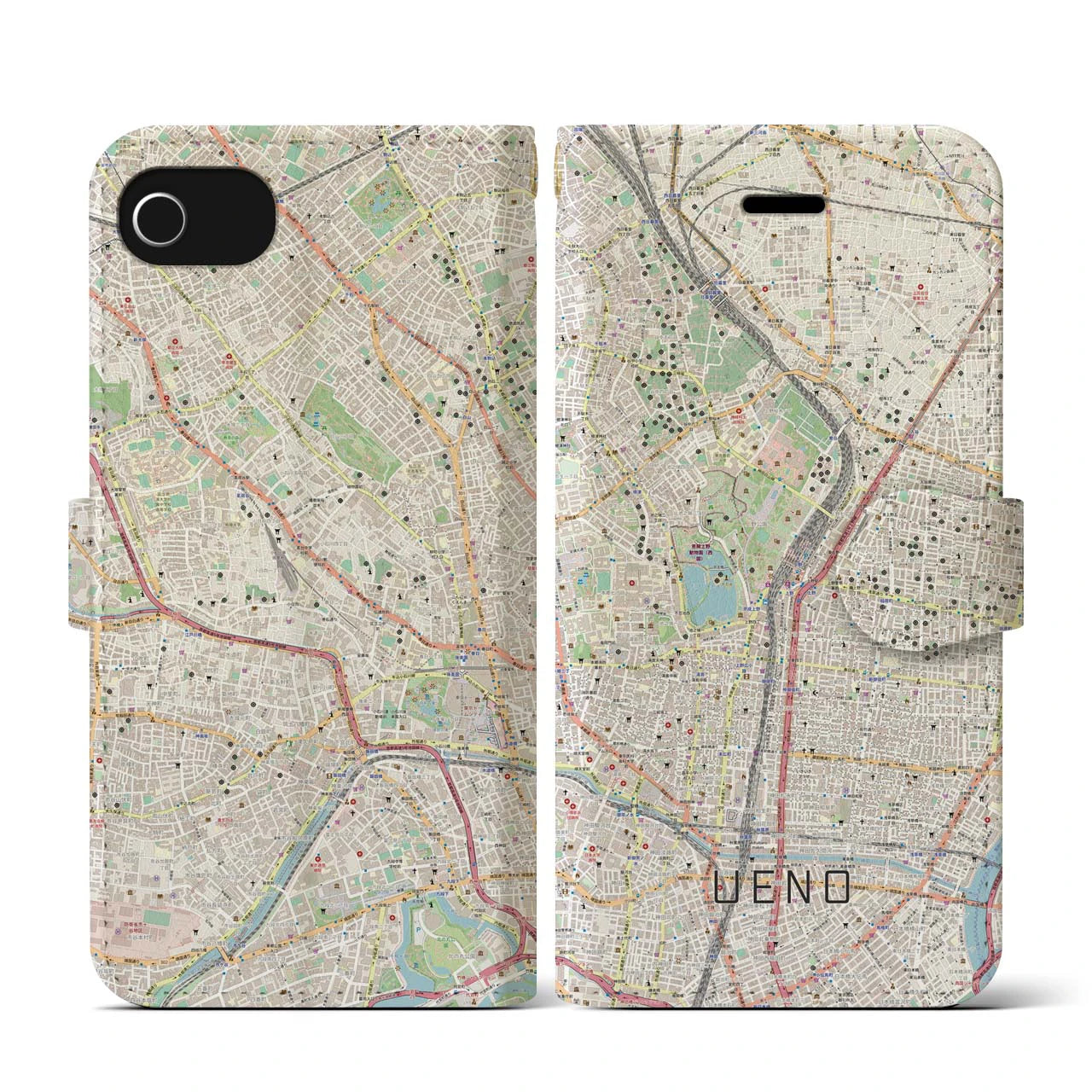 【上野(東京都)】地図柄iPhoneケース(手帳タイプ)ナチュラル・iPhone SE(第3 / 第2世代) / 8 / 7 / 6s / 6 用