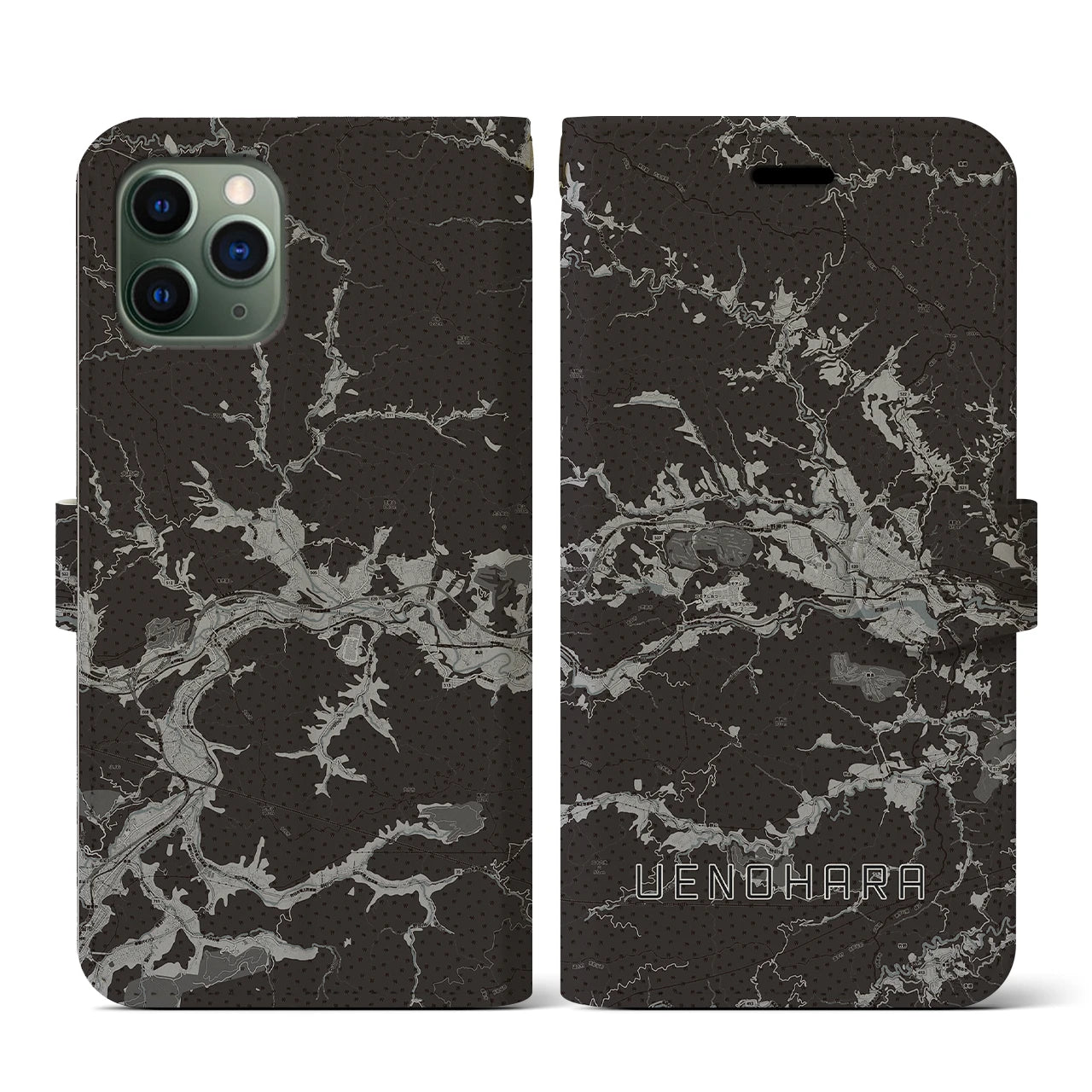 【上野原(山梨県)】地図柄iPhoneケース(手帳タイプ)モノトーン・iPhone 11 Pro 用