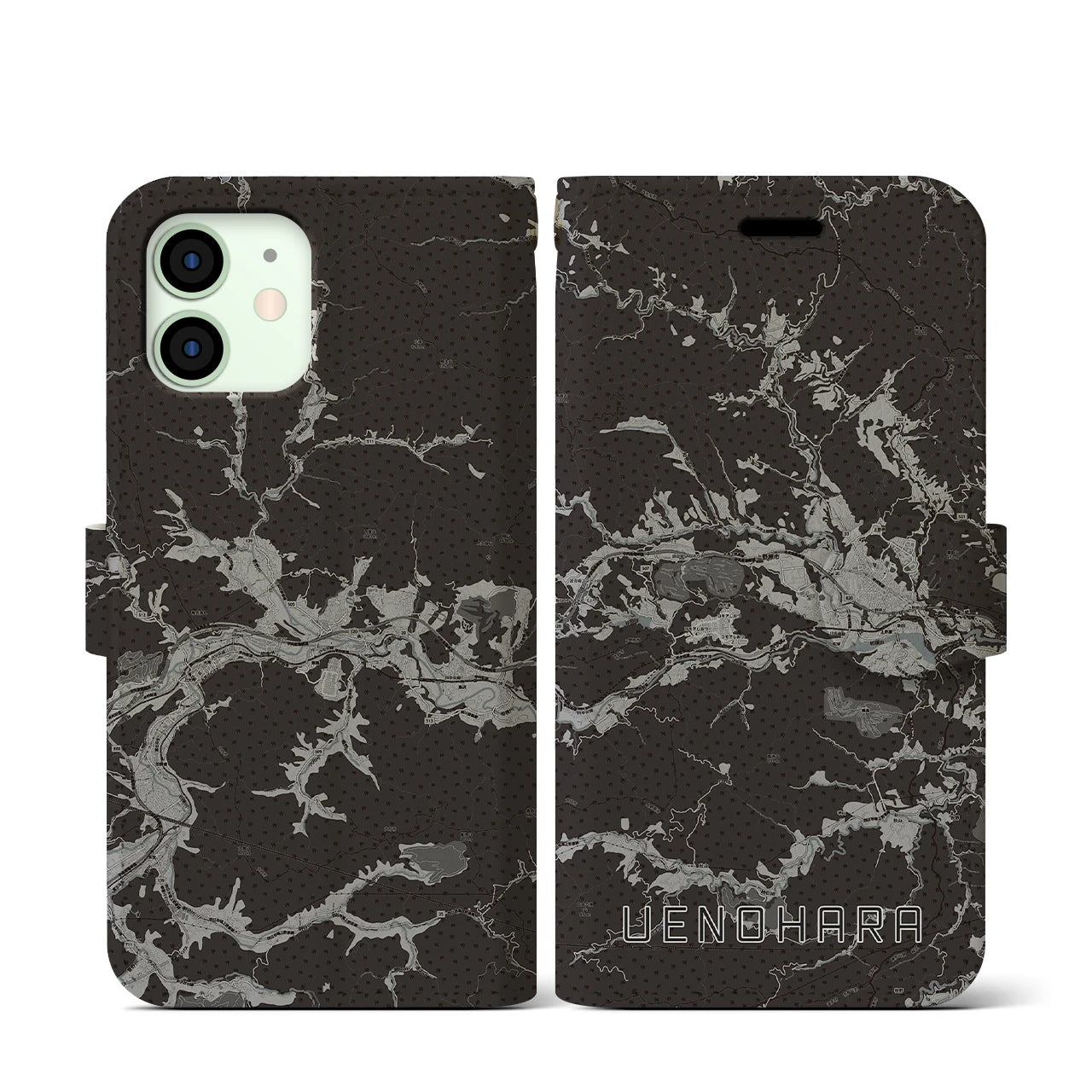 【上野原(山梨県)】地図柄iPhoneケース(手帳タイプ)モノトーン・iPhone 12 mini 用