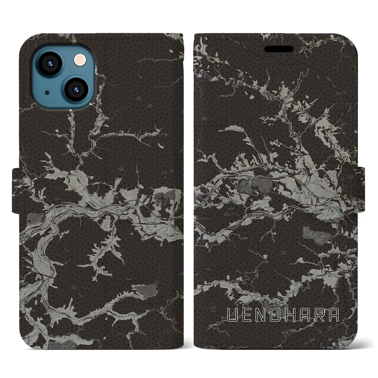 【上野原(山梨県)】地図柄iPhoneケース(手帳タイプ)モノトーン・iPhone 13 用