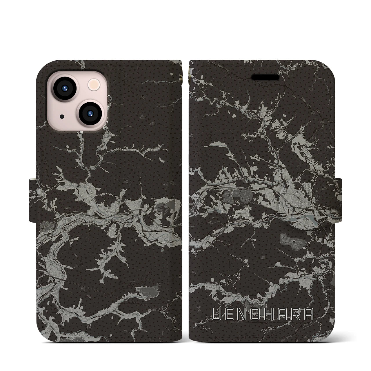 【上野原(山梨県)】地図柄iPhoneケース(手帳タイプ)モノトーン・iPhone 13 mini 用