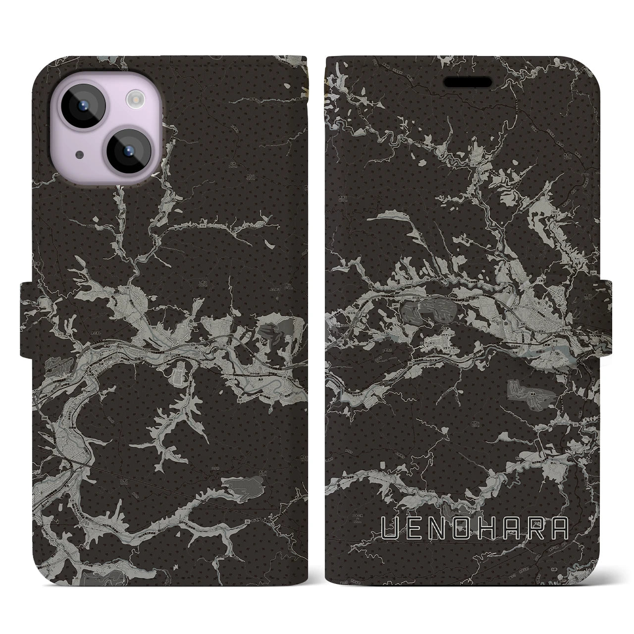 【上野原(山梨県)】地図柄iPhoneケース(手帳タイプ)モノトーン・iPhone 14 用