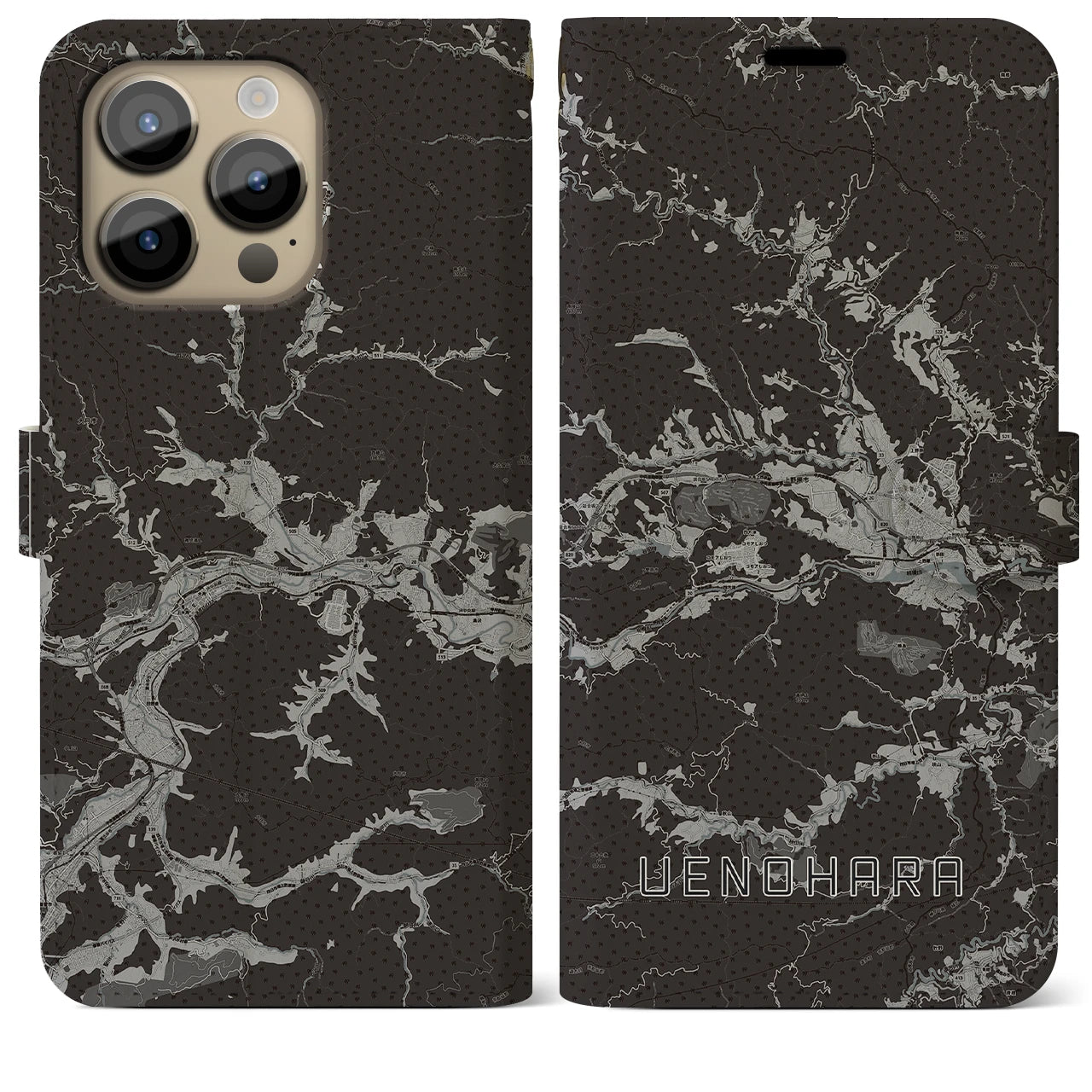 【上野原(山梨県)】地図柄iPhoneケース(手帳タイプ)モノトーン・iPhone 14 Pro Max 用