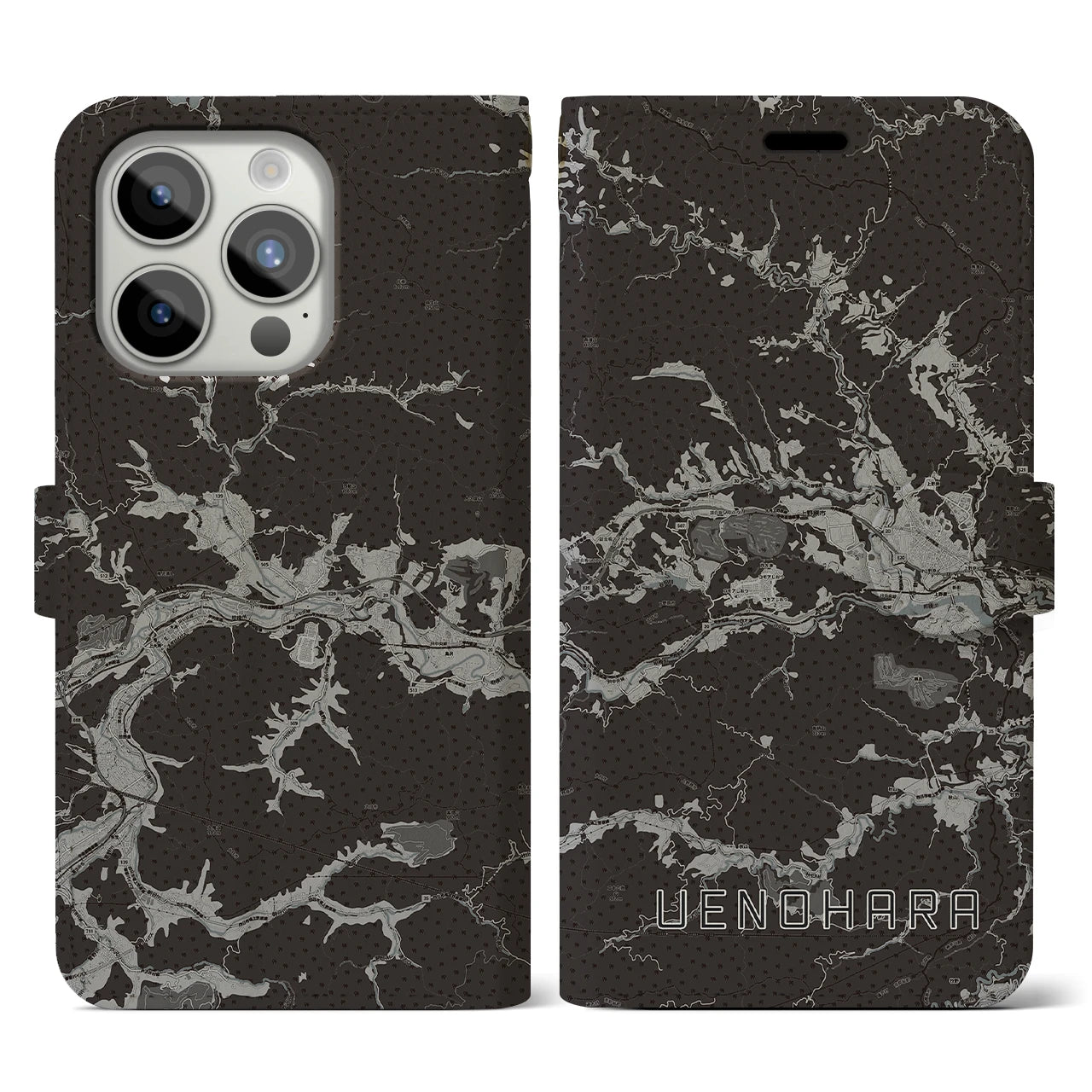 【上野原(山梨県)】地図柄iPhoneケース(手帳タイプ)モノトーン・iPhone 15 Pro 用