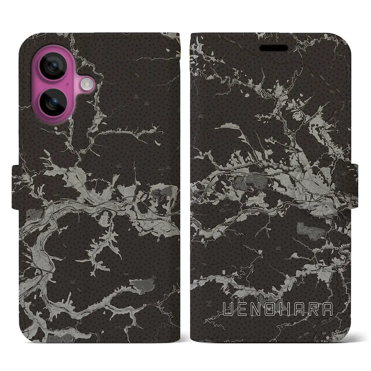 【上野原(山梨県)】地図柄iPhoneケース(手帳タイプ)モノトーン・iPhone 16 Pro 用